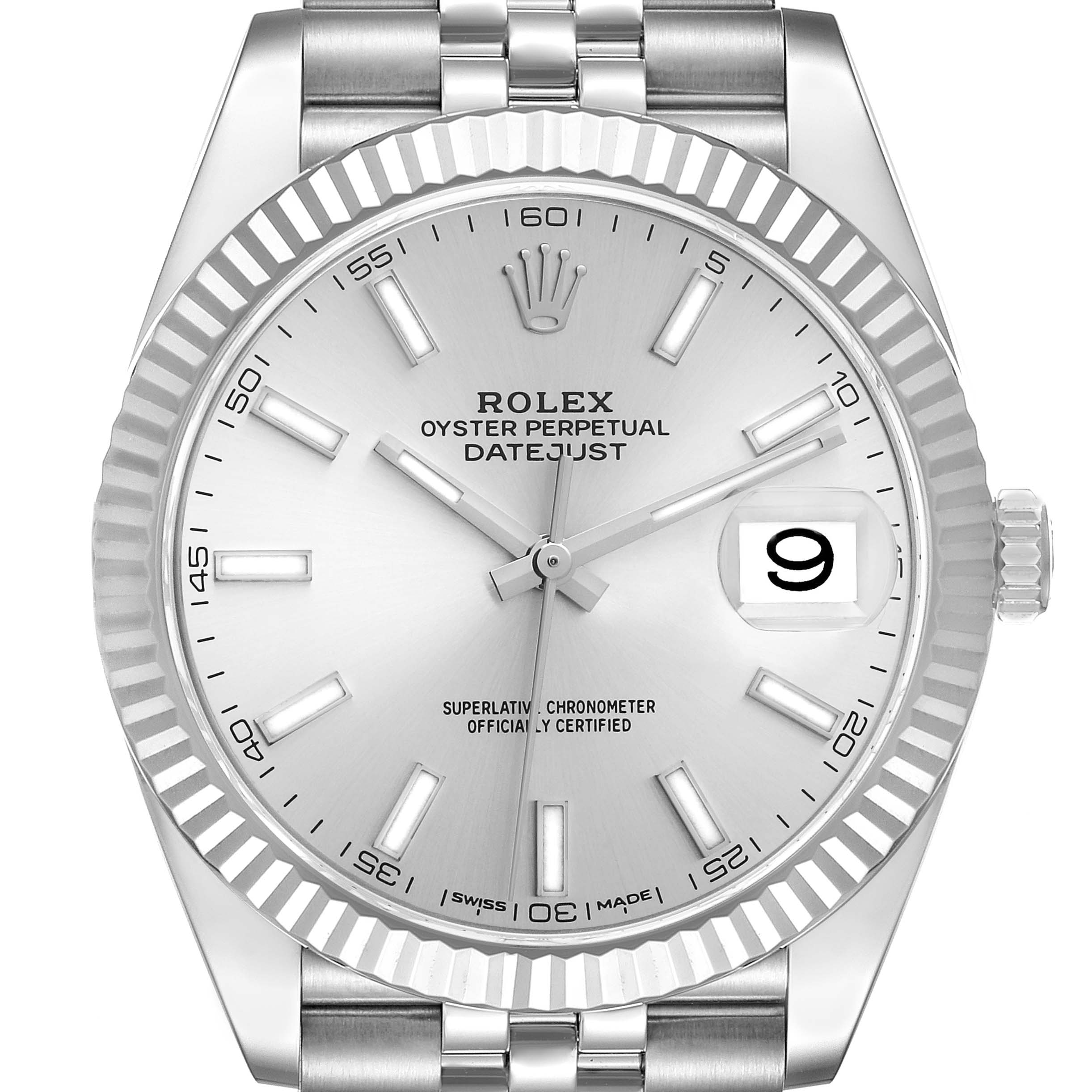 The image shows a front view of the Rolex Datejust 41 126334 Men
s Stainless Steel Silver Dial 126334 Men
s Stainless Steel Silver Dial watch, detailing its bezel, dial, hands, hour markers, and date window.