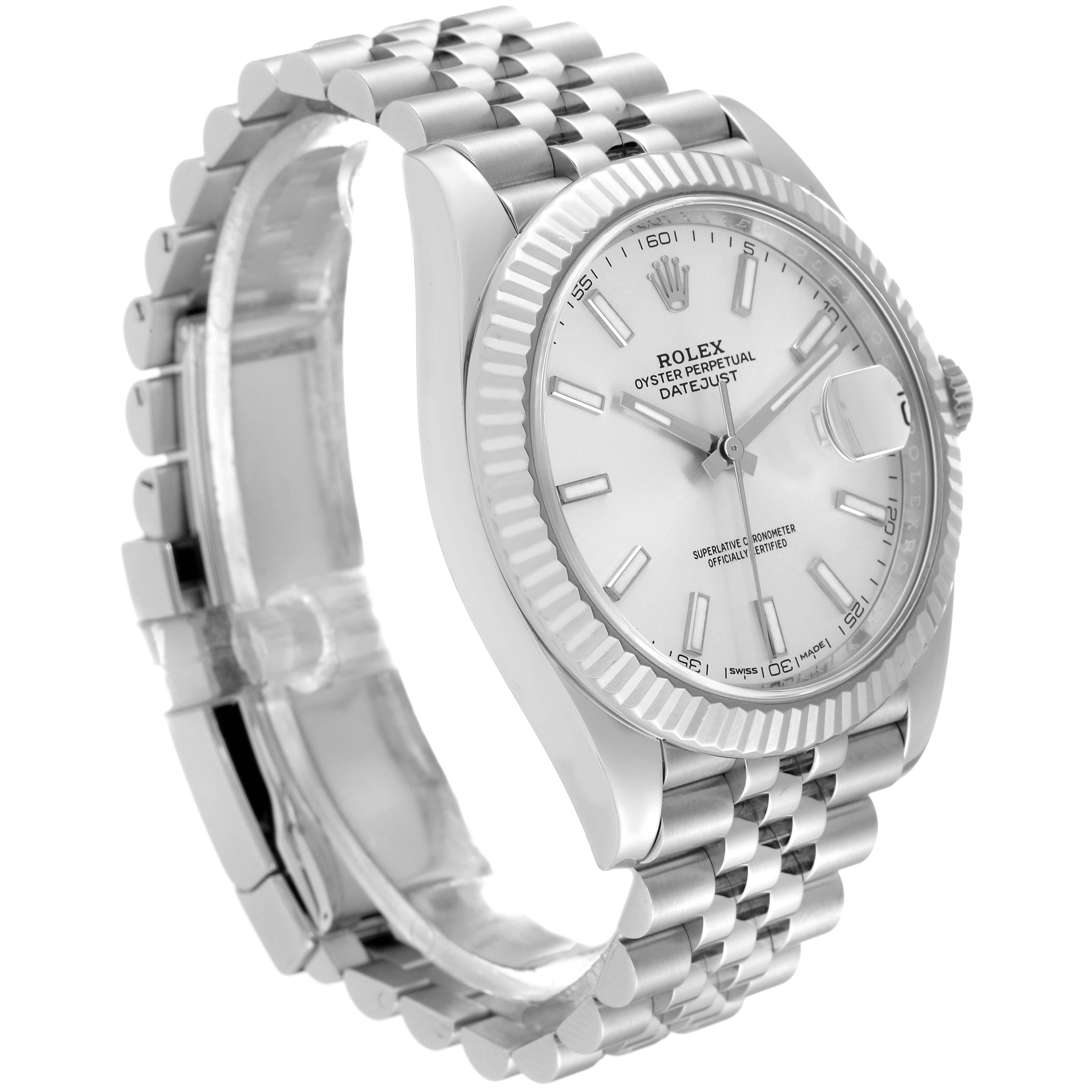 The image shows a Rolex Datejust 41 126334 Men
s Stainless Steel Silver Dial 126334 Men
s Stainless Steel Silver Dial watch at a slight angle, highlighting its dial, bezel, and Jubilee bracelet.