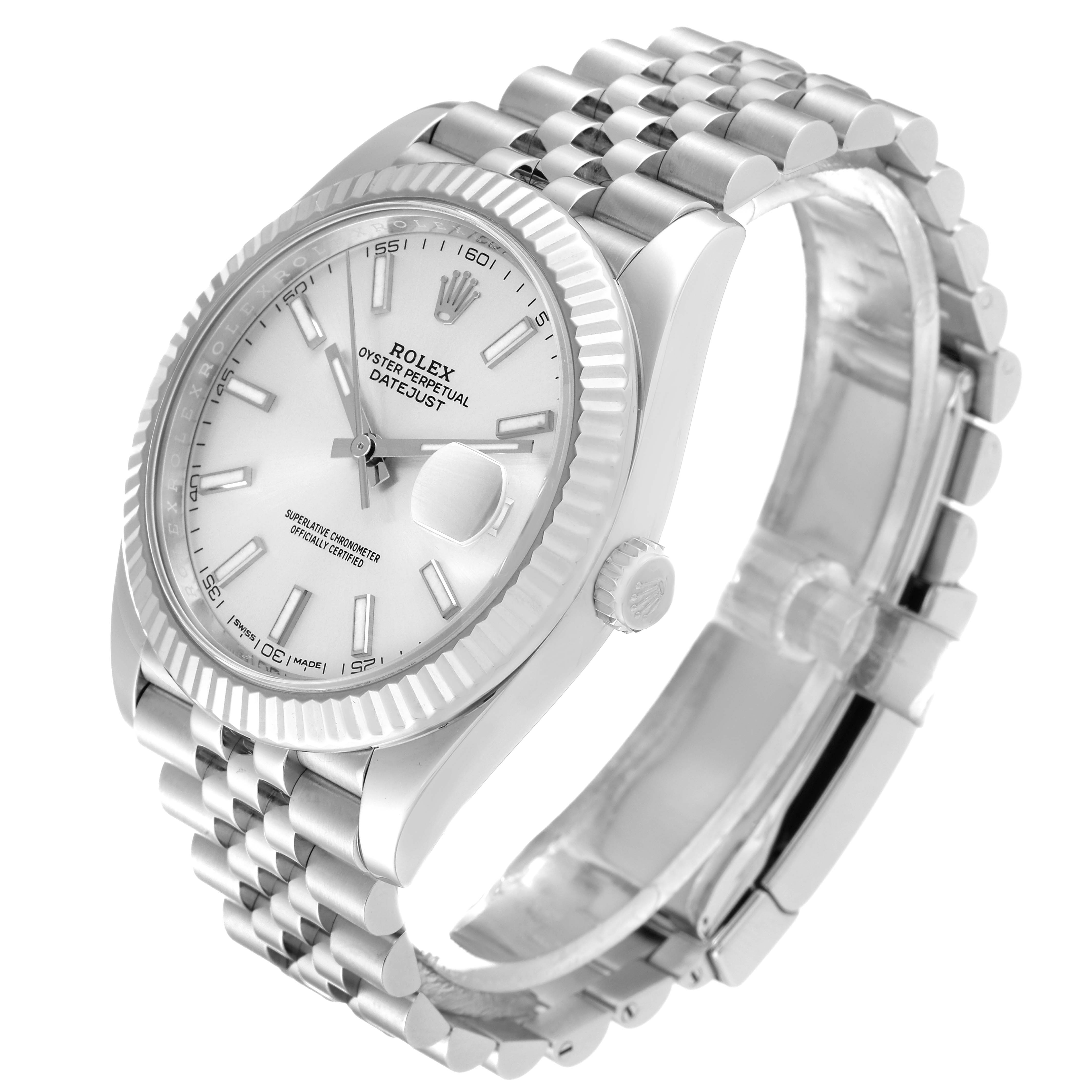 The image shows a side and front angle of a Rolex Datejust 41 126334 Men
s Stainless Steel Silver Dial 126334 Men
s Stainless Steel Silver Dial, featuring its face, bezel, crown, and bracelet.