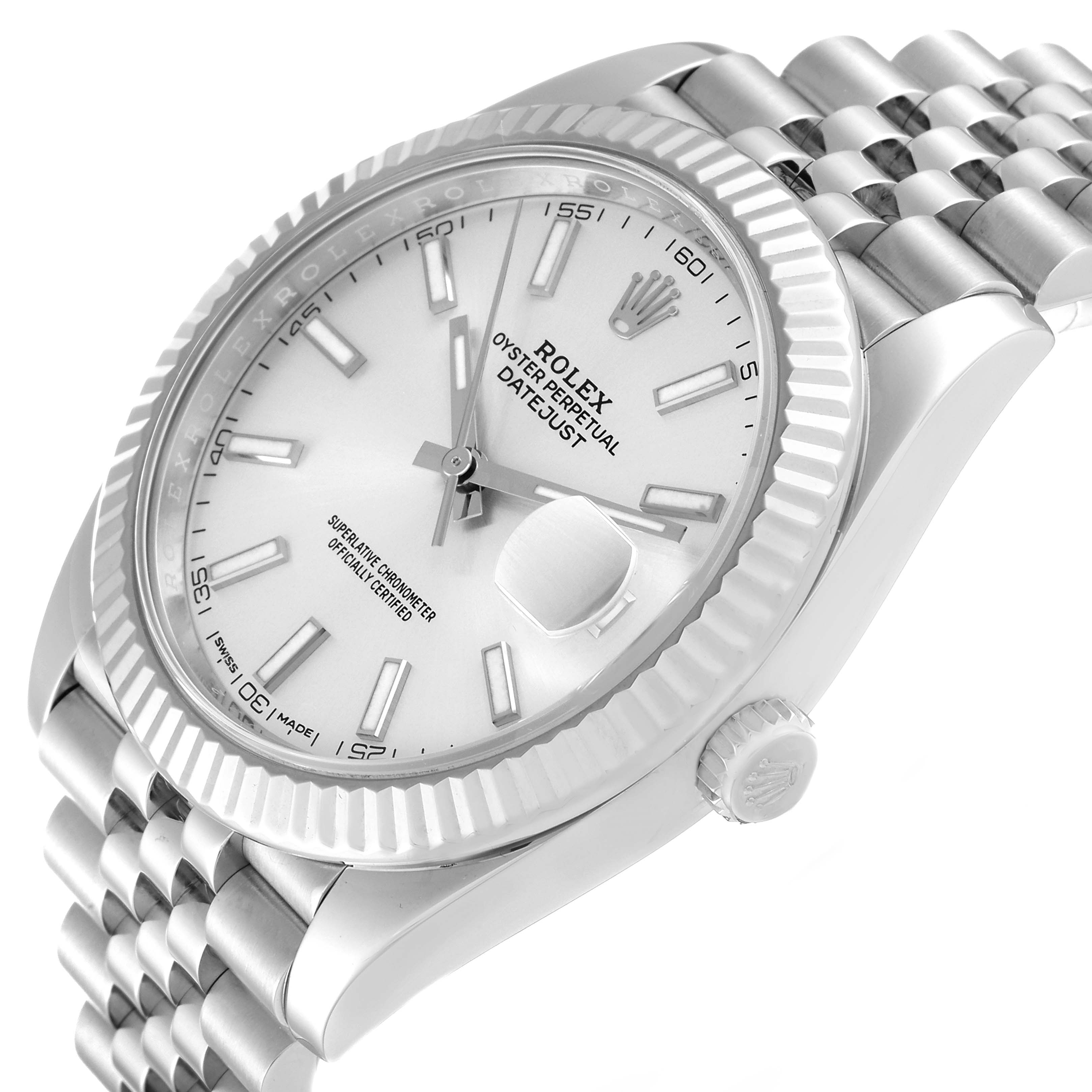 This image shows the Rolex Datejust 41 126334 Men
s Stainless Steel Silver Dial 126334 Men
s Stainless Steel Silver Dial model from a slight top-side angle, highlighting the dial, bezel, and bracelet.
