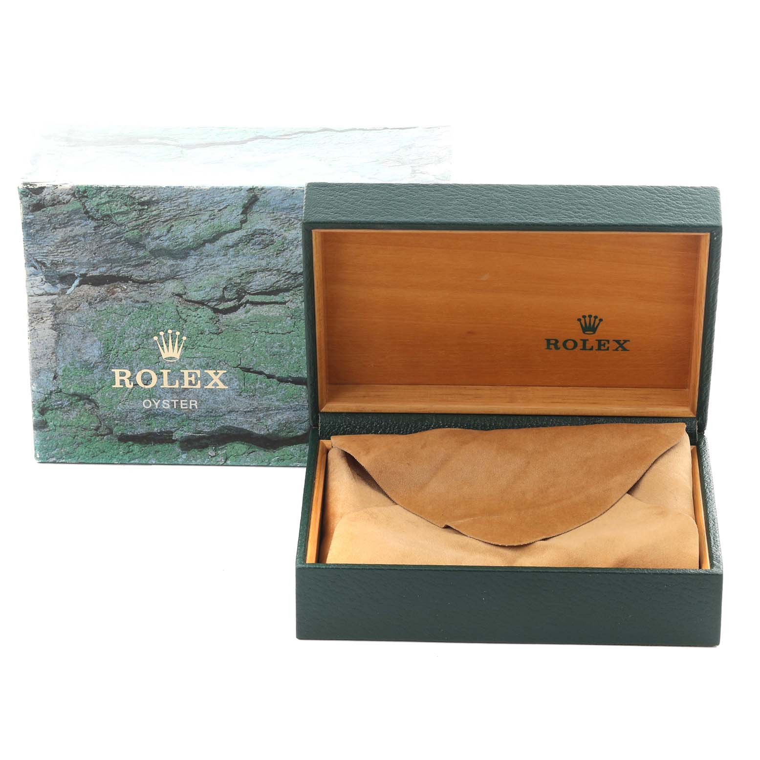 The image shows an open Rolex box for the Datejust model, displaying its interior with a cushion and outer packaging.