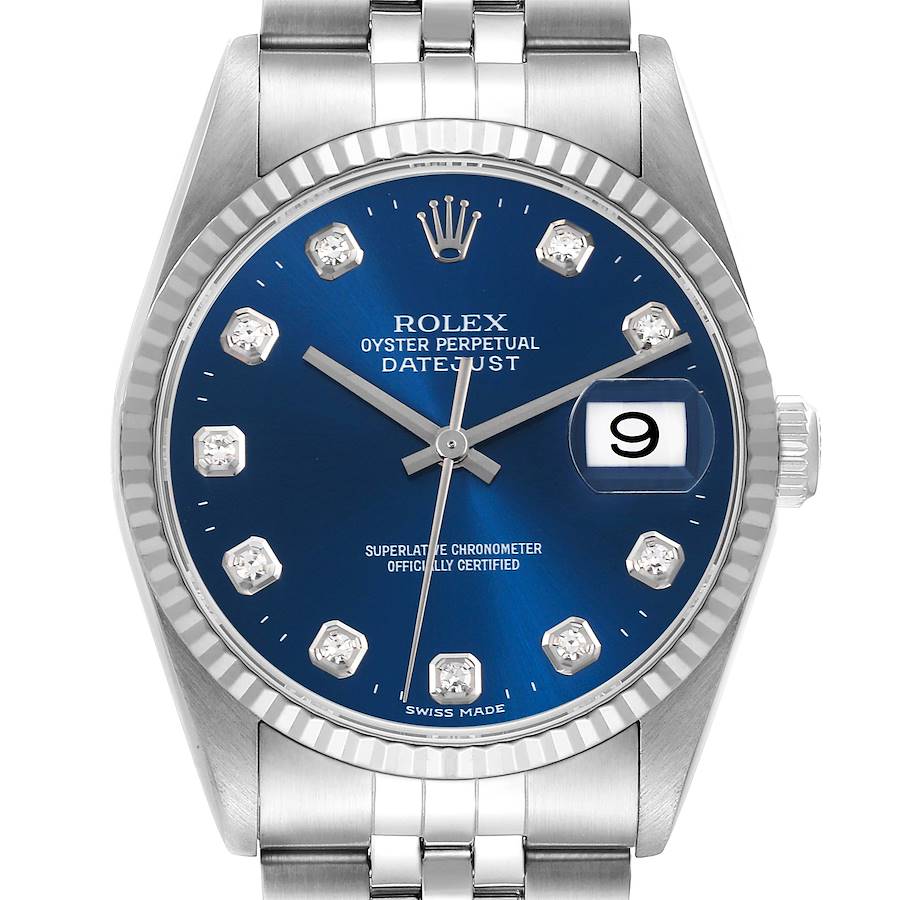 The Rolex Datejust is shown from a front angle, displaying the blue dial, fluted bezel, crown, and part of the bracelet.