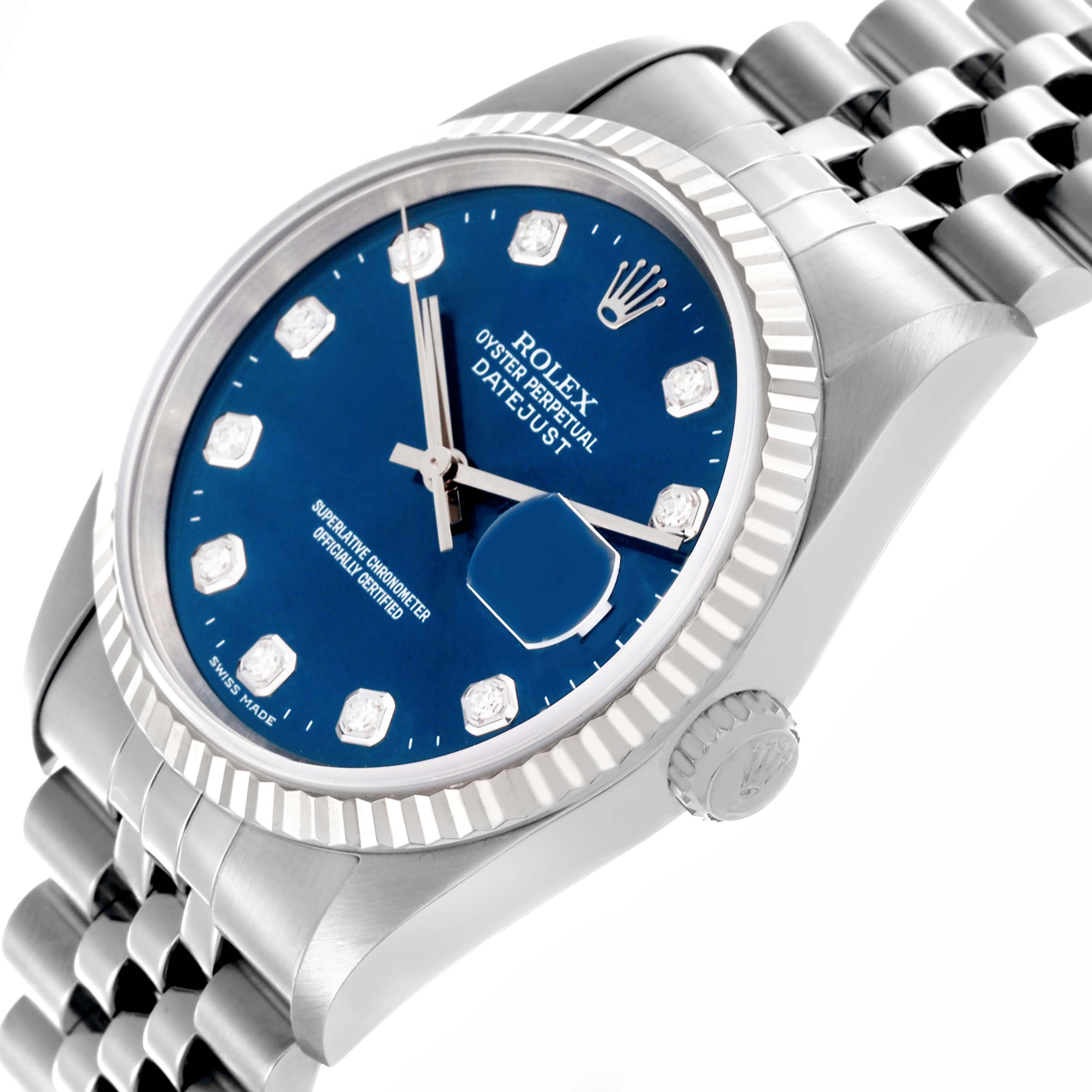 The Rolex Datejust 16234 Men
s Stainless Steel Blue Dial 16234 Men
s Stainless Steel Blue Dial watch is shown at an angled view, highlighting the bezel, crown, bracelet, and blue dial with diamond markers.