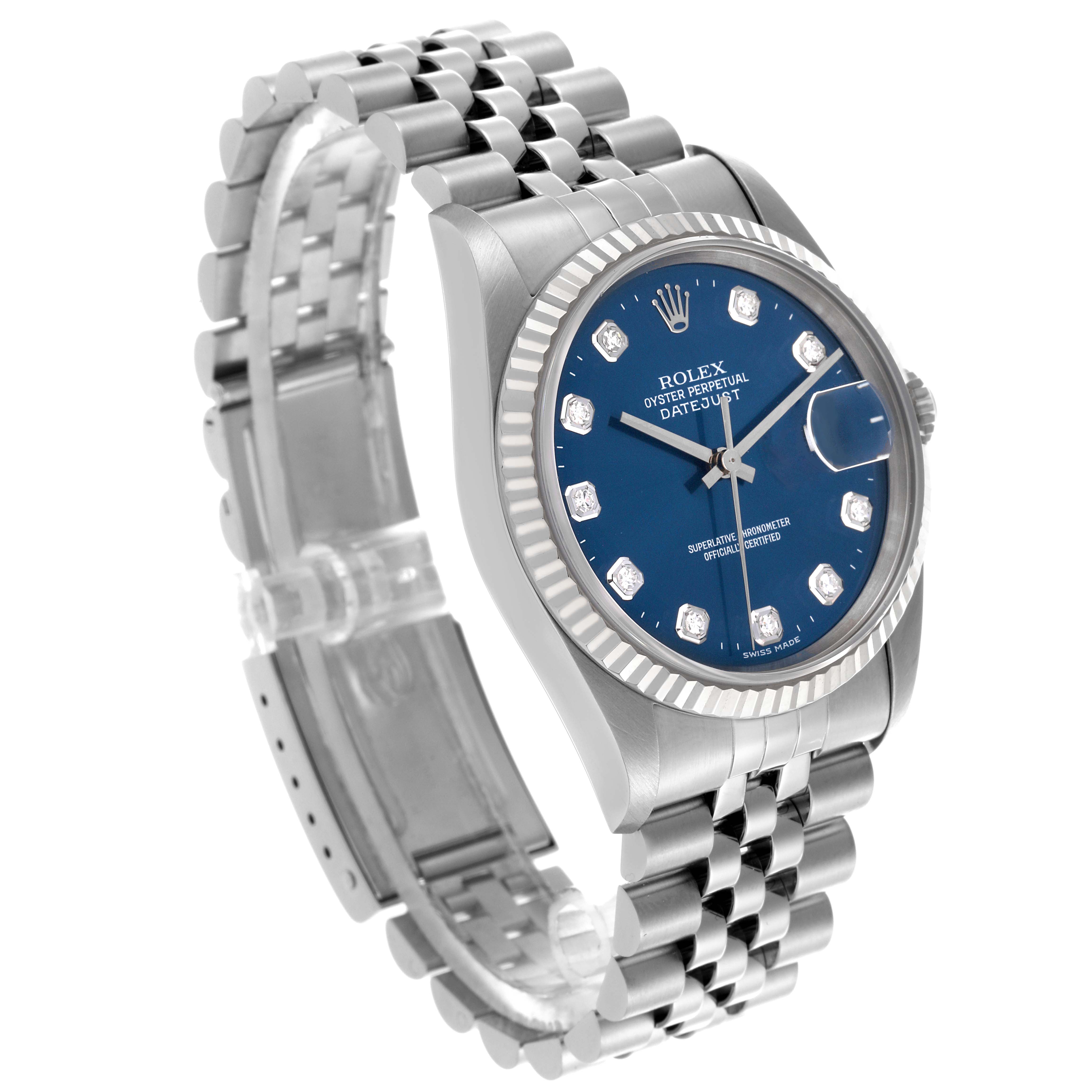 The Rolex Datejust 16234 Men
s Stainless Steel Blue Dial 16234 Men
s Stainless Steel Blue Dial watch is shown at a slight angled view, displaying its face, bezel, and Jubilee bracelet.