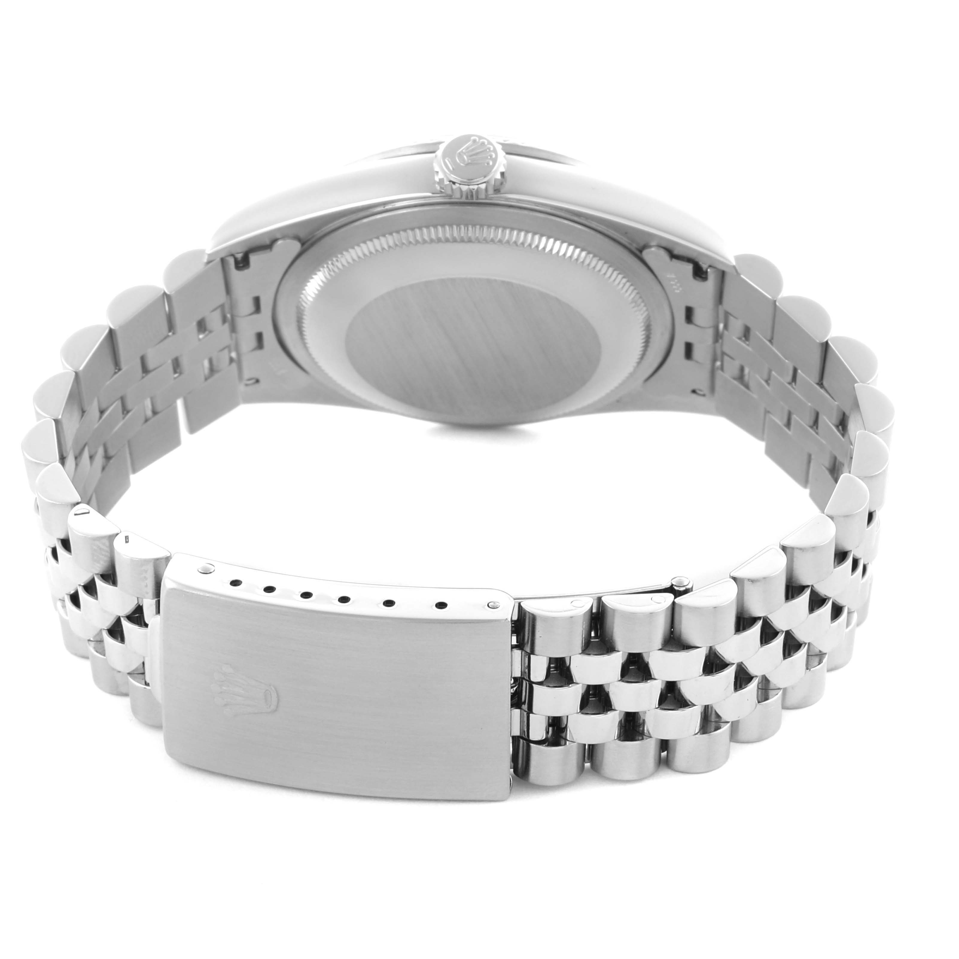 The image shows the back and bracelet of a Rolex Datejust 16234 Men
s Stainless Steel Blue Dial 16234 Men
s Stainless Steel Blue Dial, focusing on the clasp and case back.