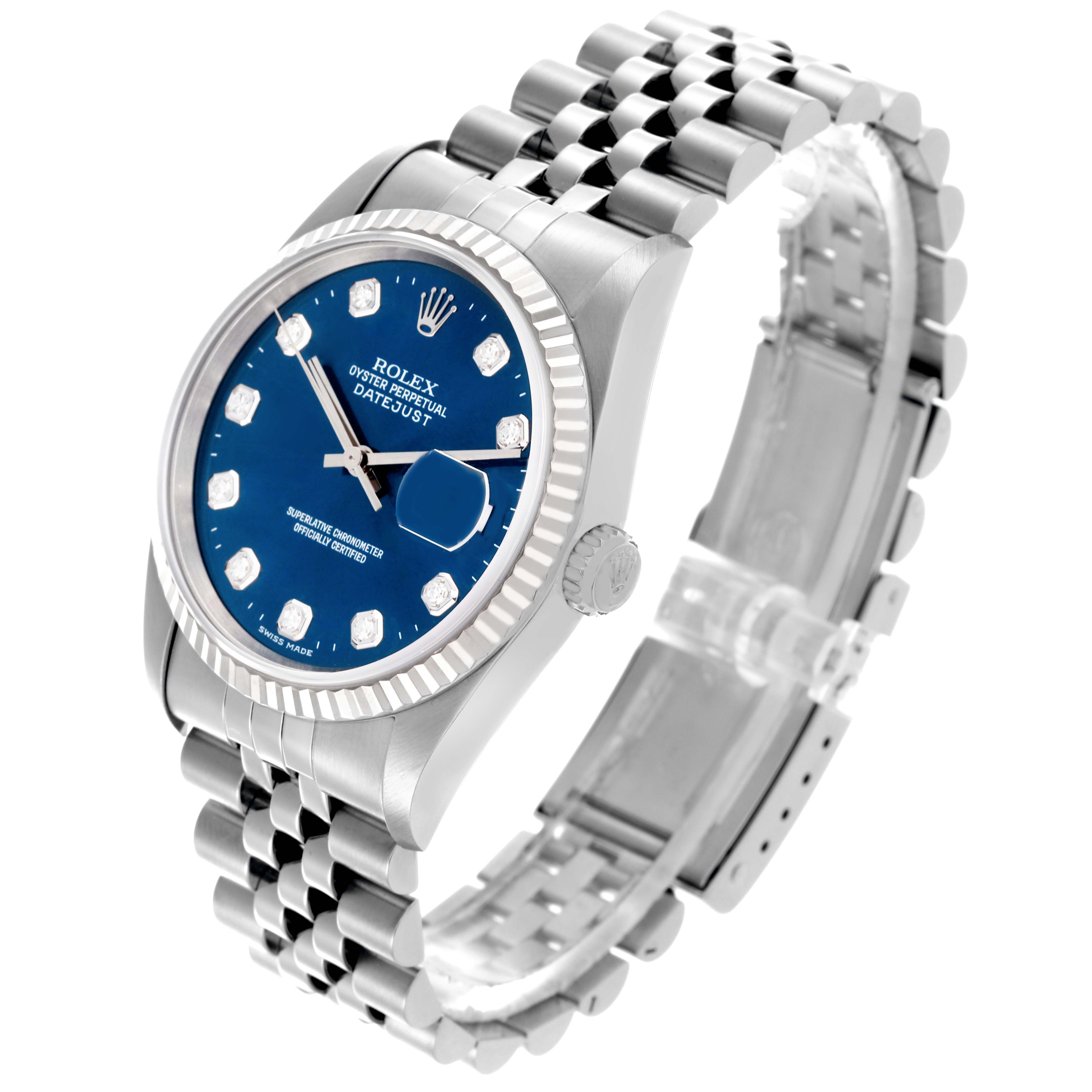 This Rolex Datejust 16234 Men
s Stainless Steel Blue Dial 16234 Men
s Stainless Steel Blue Dial watch is shown from a front angle, highlighting the dial, bezel, crown, and jubilee bracelet.