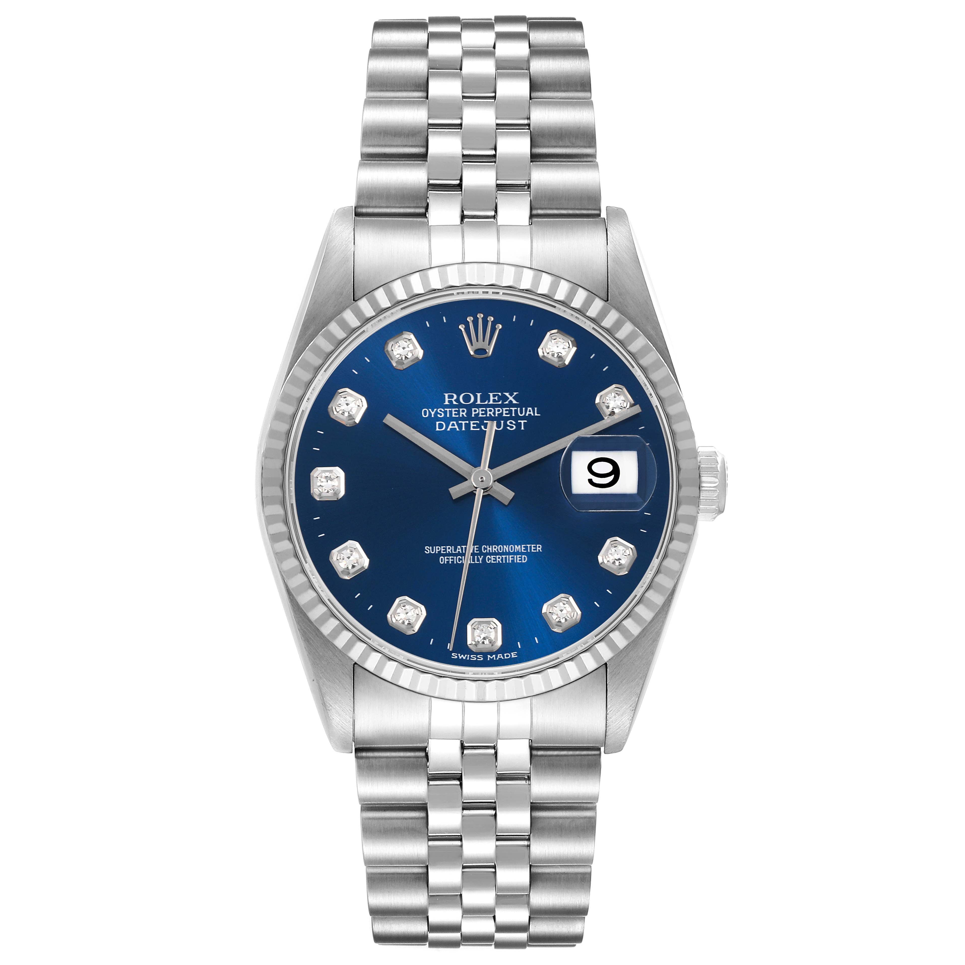 The Rolex Datejust 16234 Men
s Stainless Steel Blue Dial 16234 Men
s Stainless Steel Blue Dial watch is shown from a front angle, displaying the blue dial, bezel, bracelet, and date window.