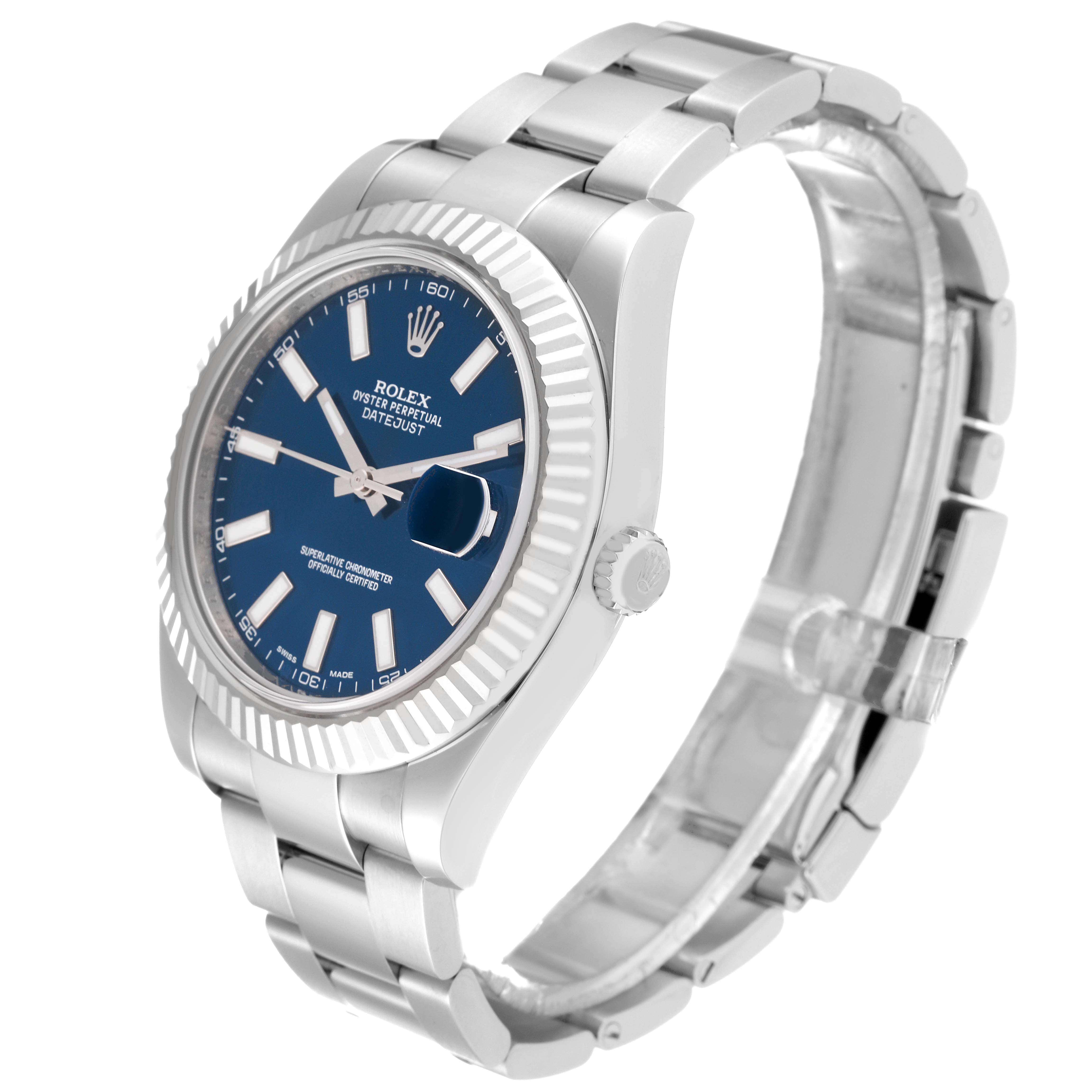 The Rolex Datejust 41 116334 Men
s Stainless Steel Blue Dial 116334 Men
s Stainless Steel Blue Dial watch is shown at a three-quarter angle, highlighting its blue dial, fluted bezel, and metal bracelet.