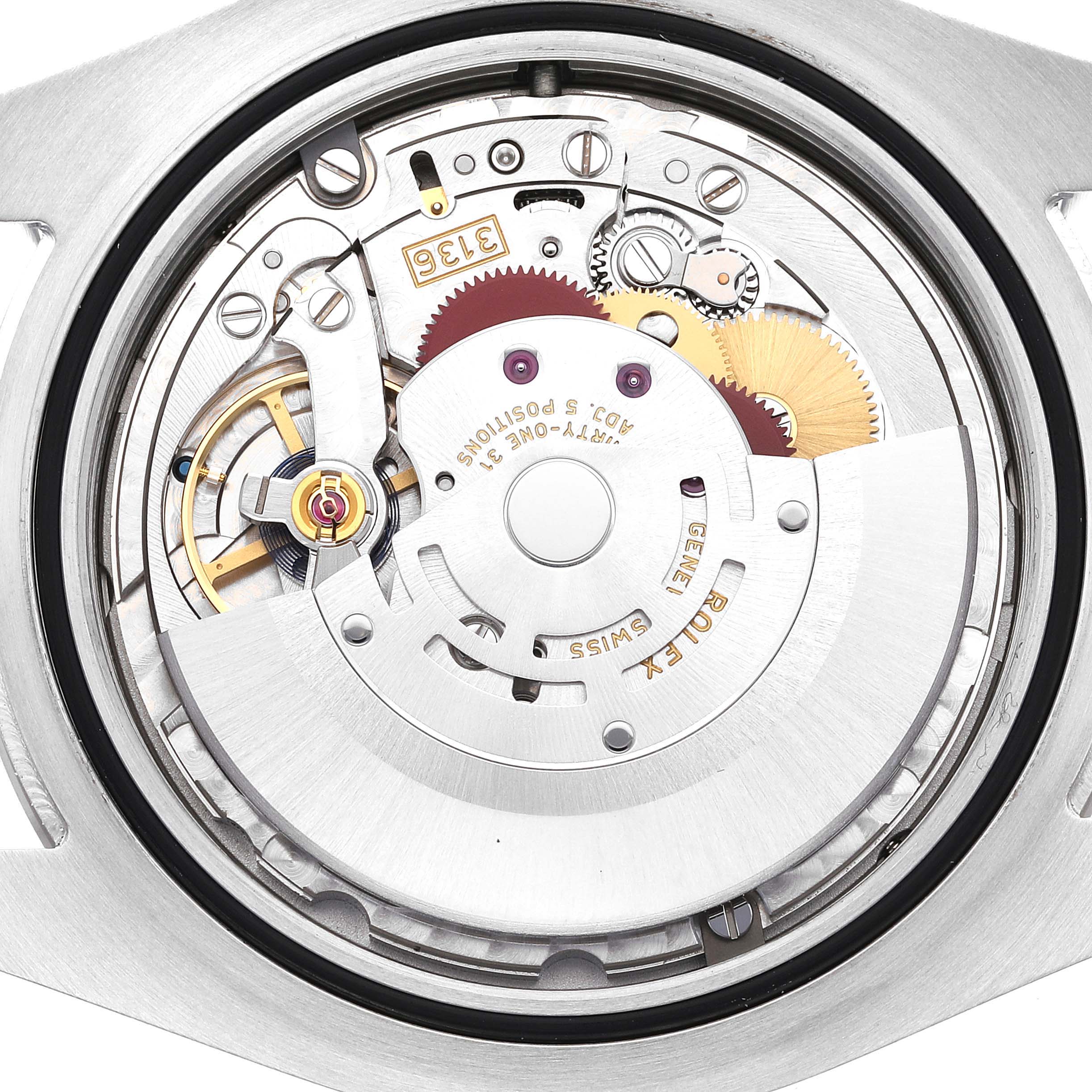 The image shows the internal mechanism of a Rolex Datejust 41 116334 Men
s Stainless Steel Blue Dial 116334 Men
s Stainless Steel Blue Dial model watch from a back angle.