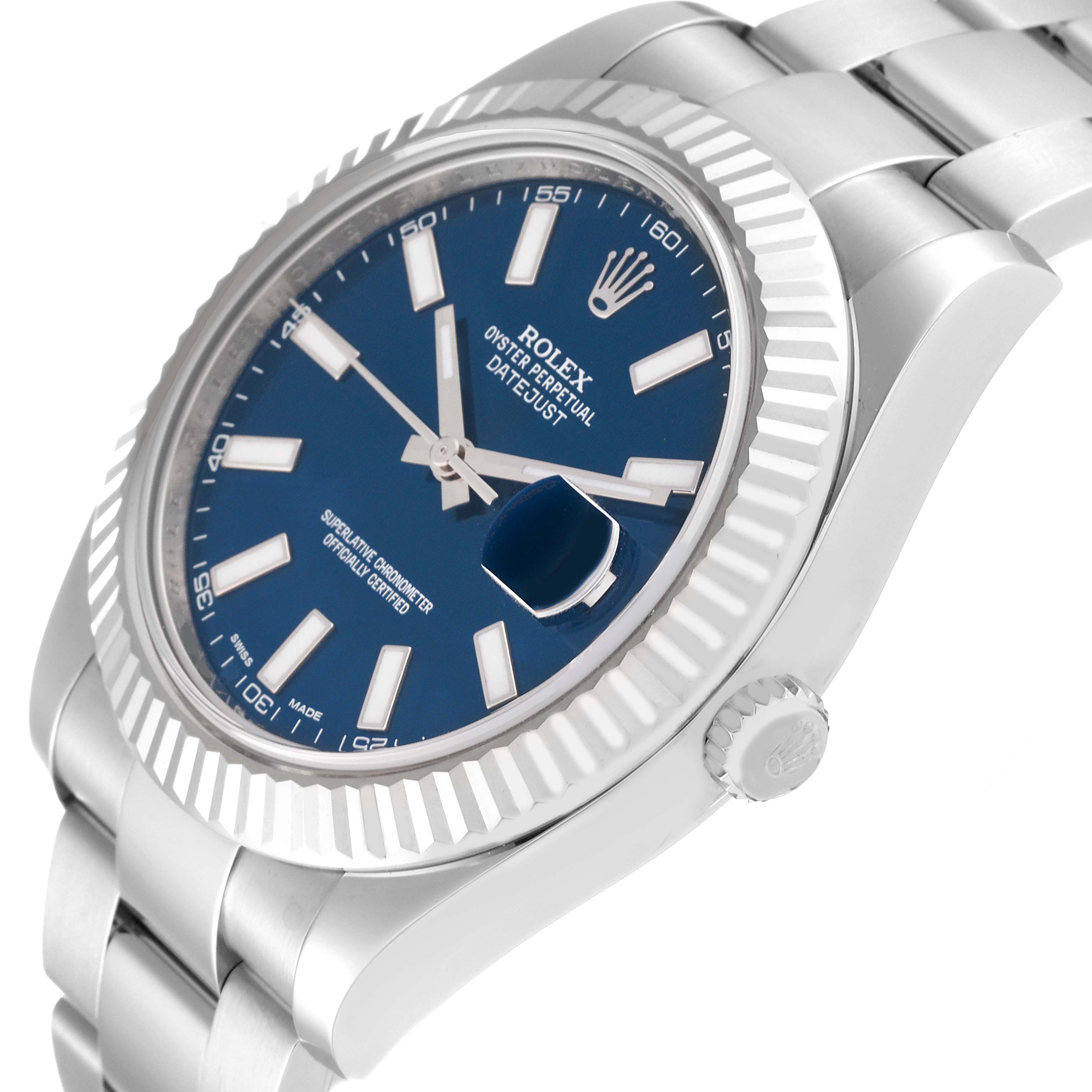 This image shows the face, bezel, and crown of a Rolex Datejust 41 116334 Men
s Stainless Steel Blue Dial 116334 Men
s Stainless Steel Blue Dial watch at an oblique angle.
