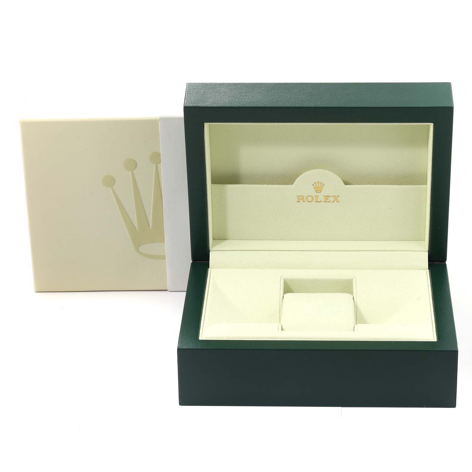 This image shows the open case and outer box for the Rolex Datejust 41 116334 Men
s Stainless Steel Blue Dial 116334 Men
s Stainless Steel Blue Dial watch, displaying the interior compartments for the timepiece.