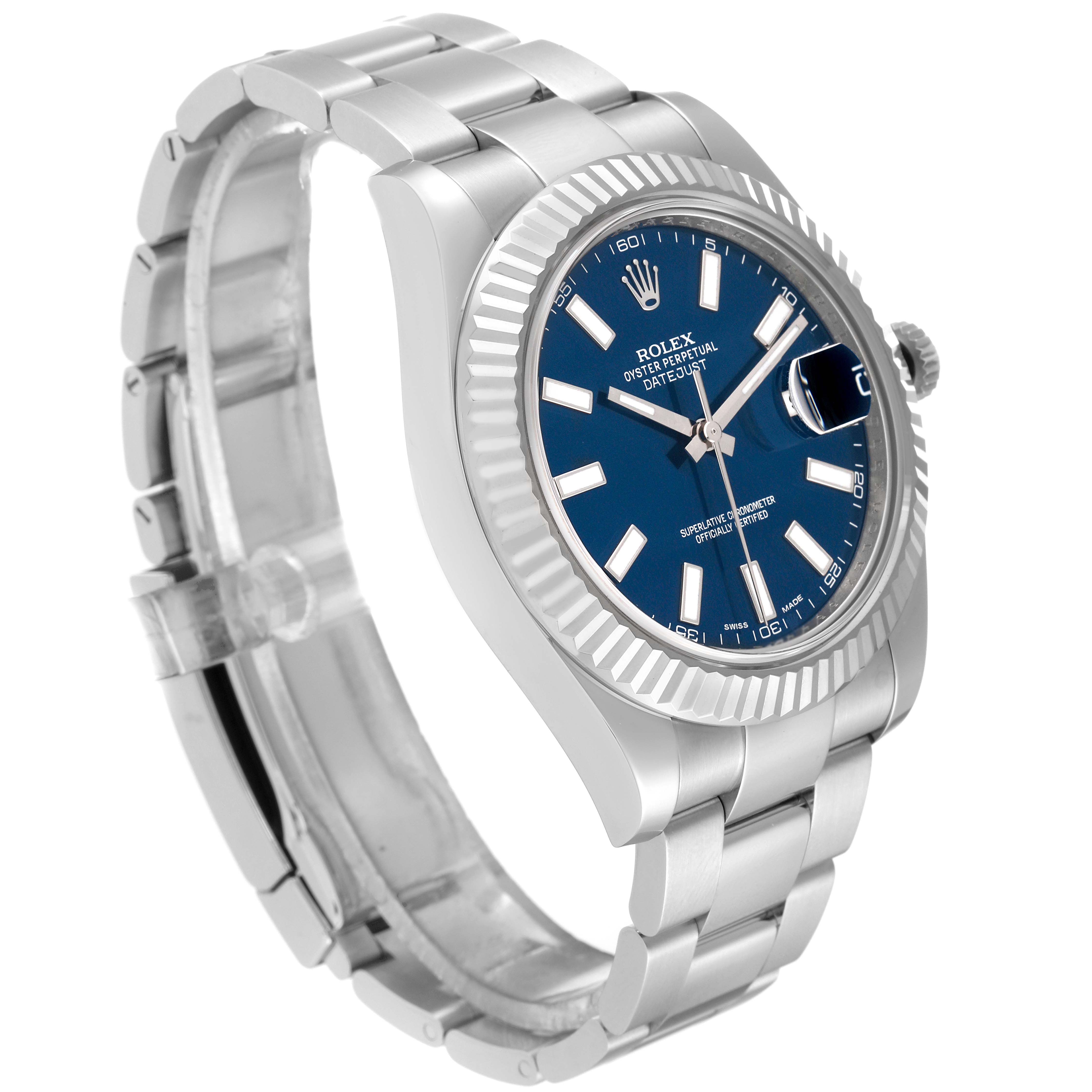 This image shows a Rolex Datejust 41 116334 Men
s Stainless Steel Blue Dial 116334 Men
s Stainless Steel Blue Dial watch from a side angle, highlighting its blue dial, fluted bezel, and stainless steel bracelet.