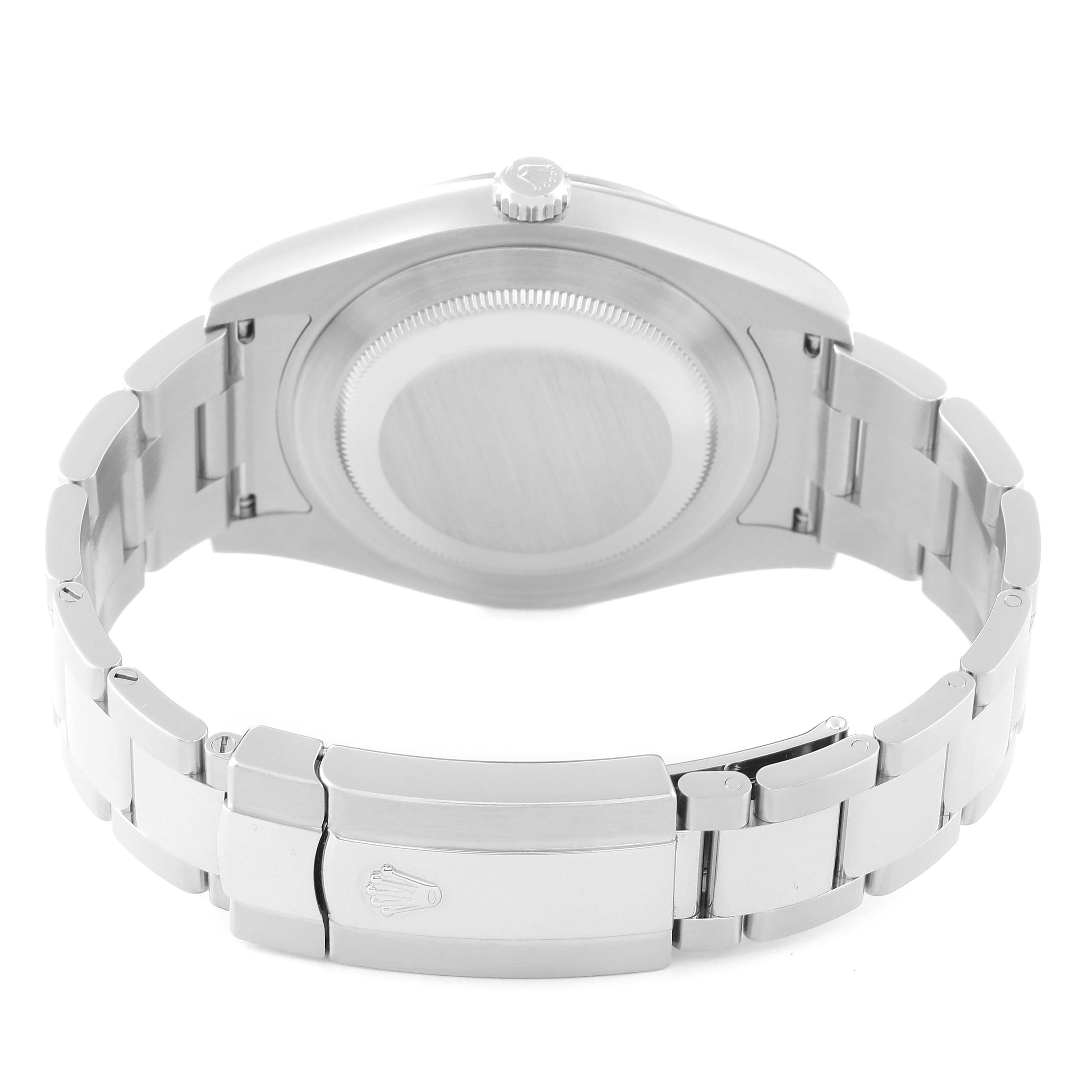 The image shows the back view of a Rolex Datejust 41 116334 Men
s Stainless Steel Blue Dial 116334 Men
s Stainless Steel Blue Dial watch, highlighting its case back, crown, and bracelet.