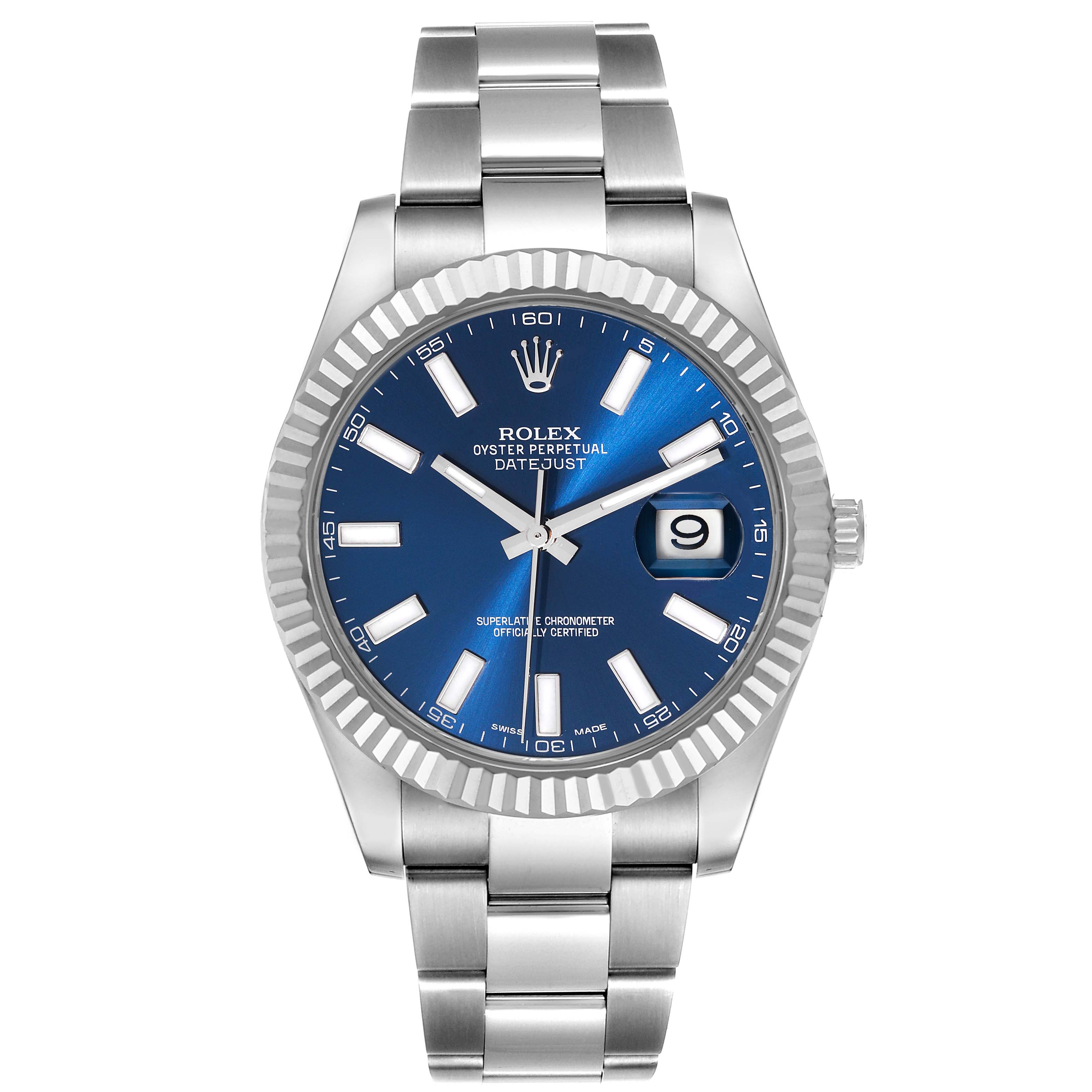 This is a front view of the Rolex Datejust 41 116334 Men
s Stainless Steel Blue Dial 116334 Men
s Stainless Steel Blue Dial watch showing the dial, bezel, and bracelet.