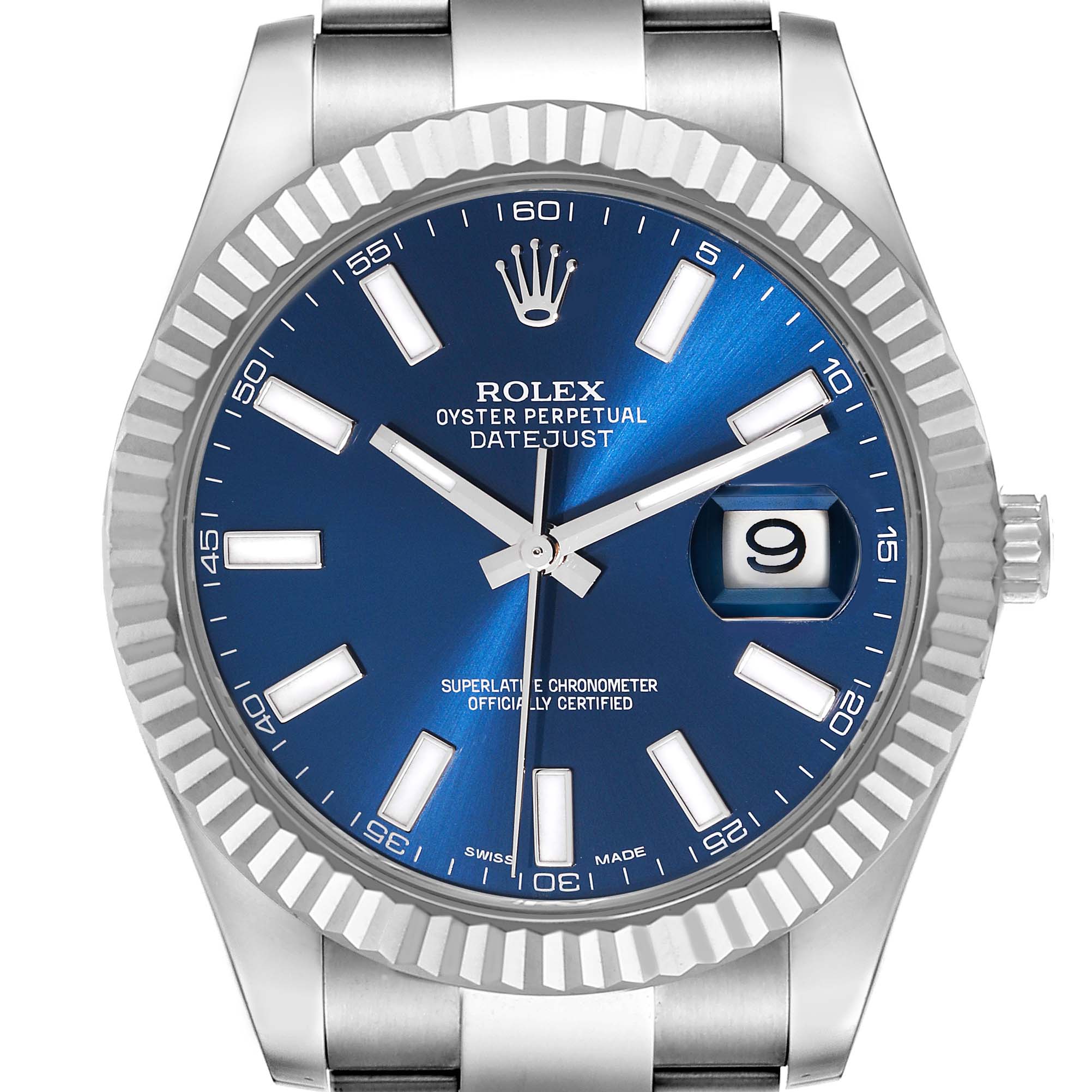 The image shows a front view of the Rolex Datejust 41 116334 Men
s Stainless Steel Blue Dial 116334 Men
s Stainless Steel Blue Dial watch, displaying the blue dial, fluted bezel, and date window.