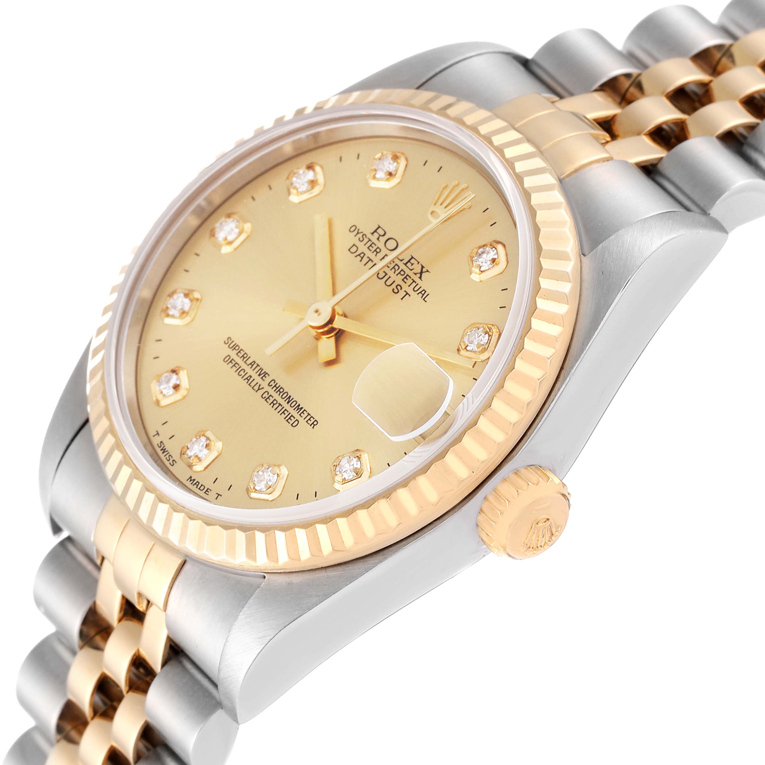 The image shows a close-up angle of the dial, crown, and bezel of the Rolex Mid-Size 68273 Women
s Steel and Gold (two tone) Champagne Dial 68273 Women
s Steel and Gold (two tone) Champagne Dial Oyster Perpetual Datejust watch.