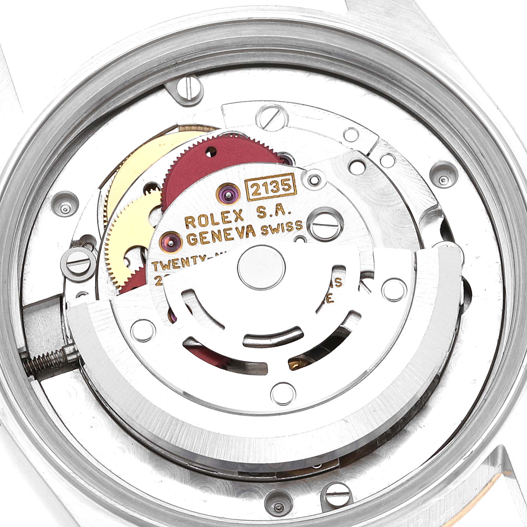 This image shows the inner mechanism and movement parts of a Rolex Mid-Size 68273 Women
s Steel and Gold (two tone) Champagne Dial 68273 Women
s Steel and Gold (two tone) Champagne Dial watch from a top-down angle.