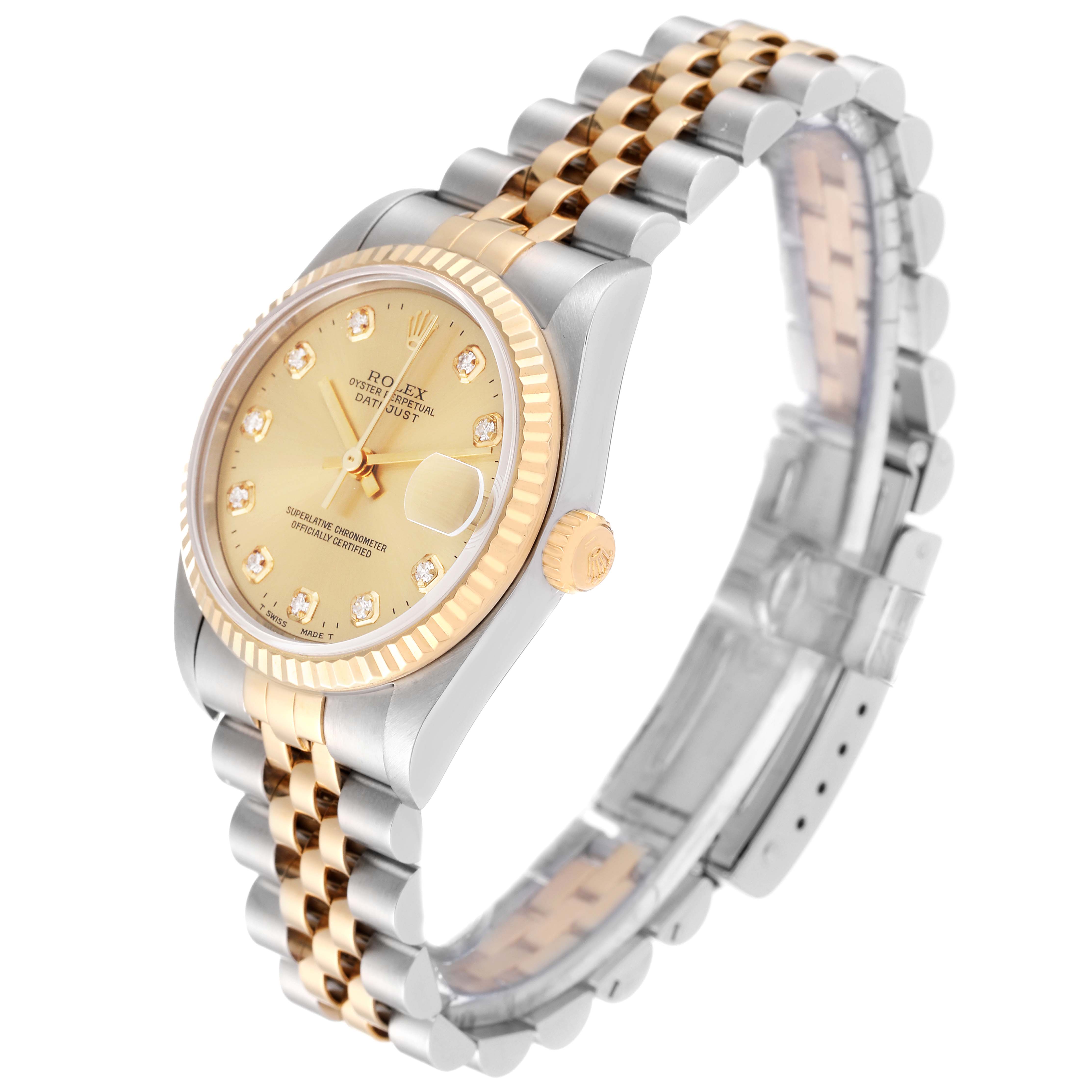 The Rolex Mid-Size 68273 Women
s Steel and Gold (two tone) Champagne Dial 68273 Women
s Steel and Gold (two tone) Champagne Dial watch is shown at an angle displaying the face, gold and silver jubilee bracelet, crown, and bezel.