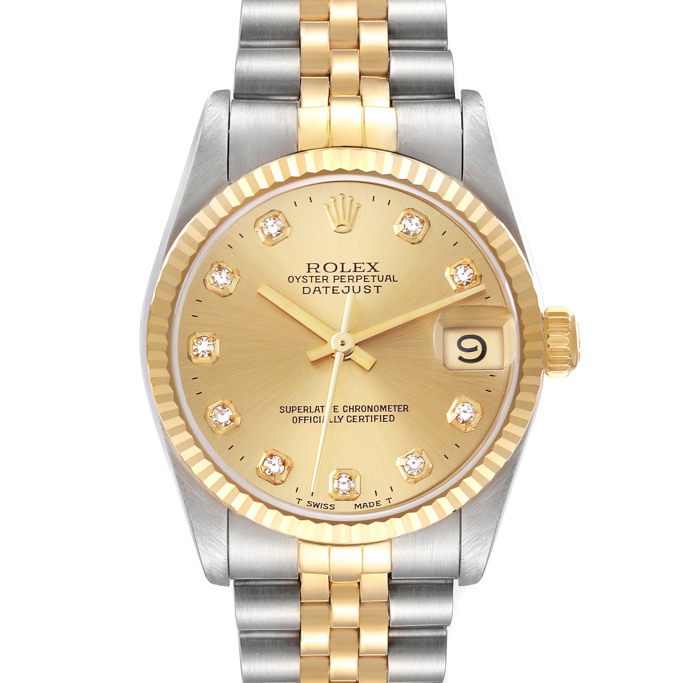 The image shows a front view of the Rolex Mid-Size 68273 Women
s Steel and Gold (two tone) Champagne Dial 68273 Women
s Steel and Gold (two tone) Champagne Dial Datejust watch, highlighting its dial, bezel, and bracelet.