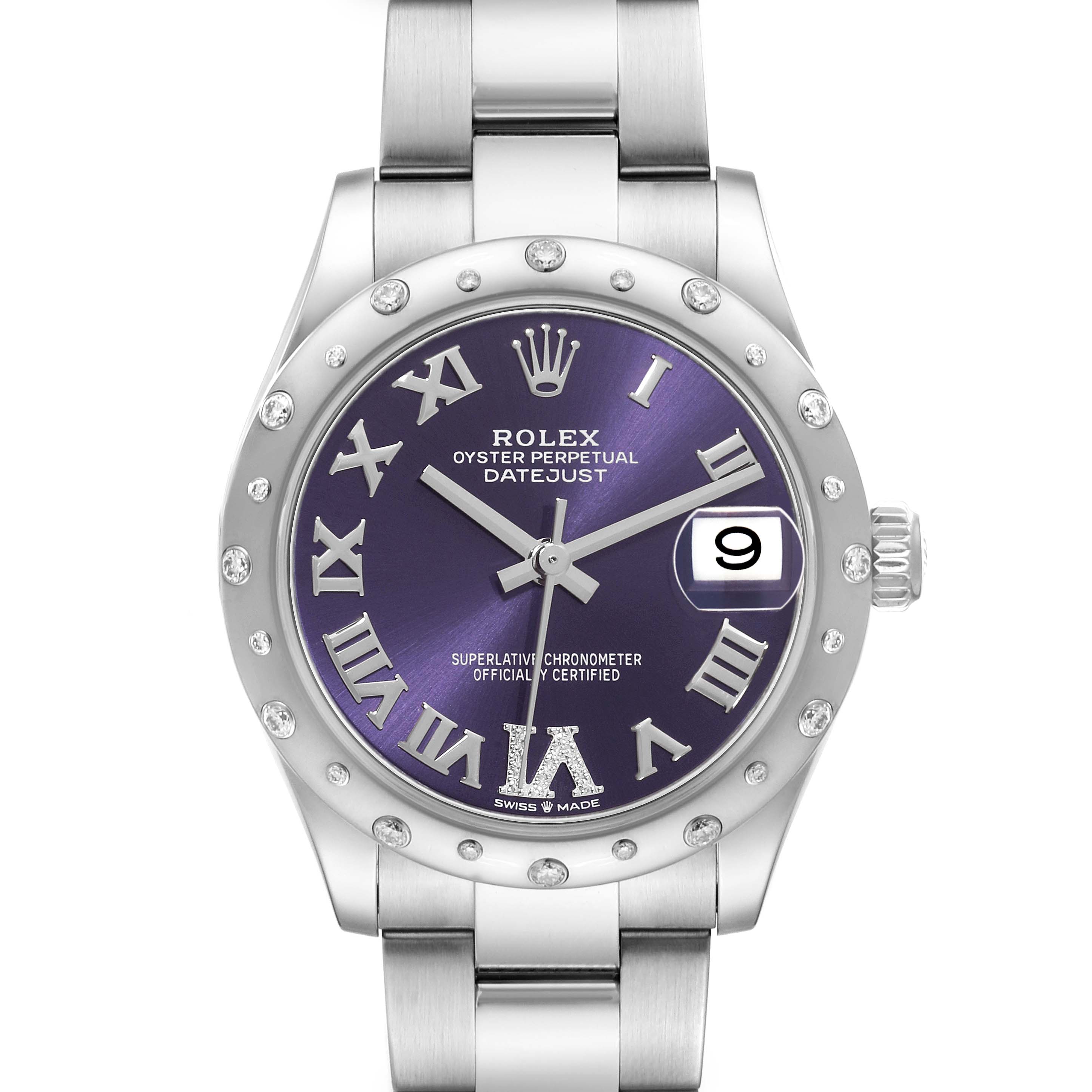 The image shows a front view of a Rolex Oyster Perpetual Datejust Mid-Size watch, highlighting its purple dial, Roman numerals, and date window.