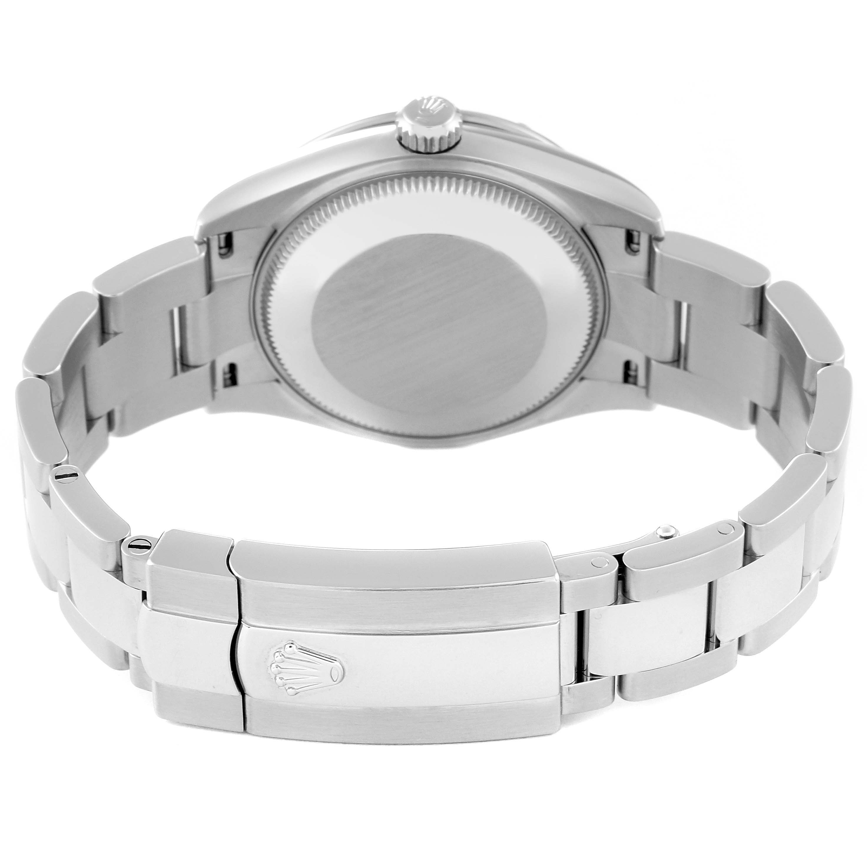 This is a rear view of a Rolex Mid-Size 278344 Women's Stainless Steel Purple Dial 278344 Women's Stainless Steel Purple Dial watch showing the case back, bracelet, and clasp.