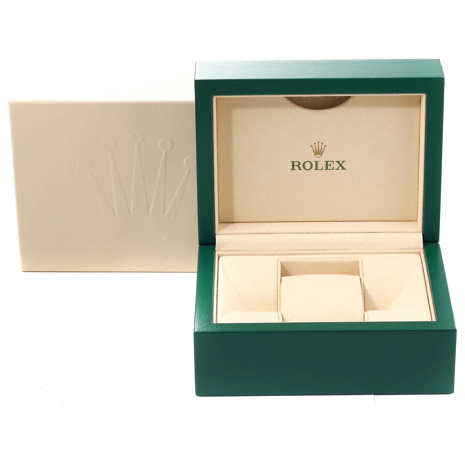 This image shows an empty green and beige Rolex watch box for a Mid-Size model, with the lid open and the outer cardboard box nearby.