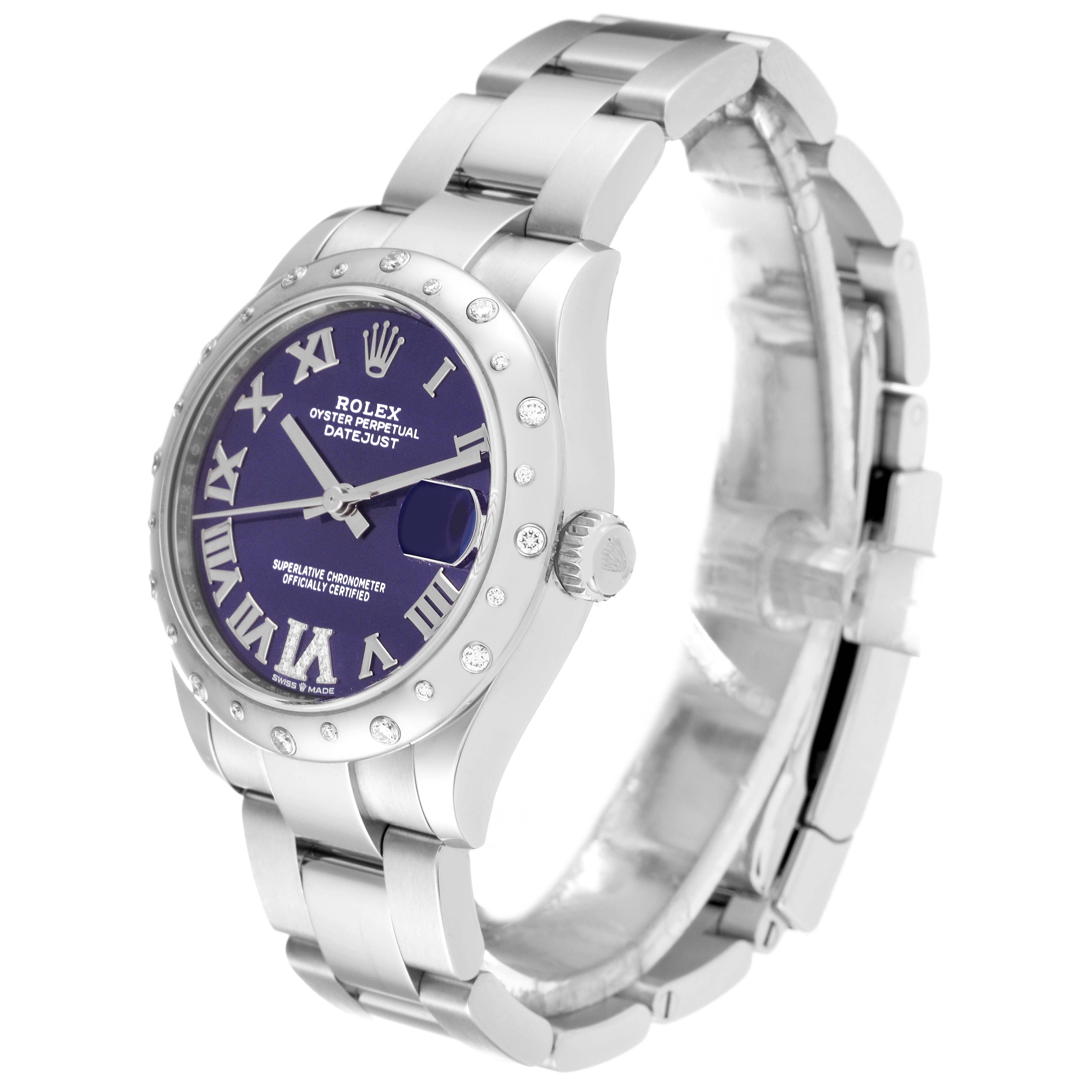 The Rolex Mid-Size 278344 Women's Stainless Steel Purple Dial 278344 Women's Stainless Steel Purple Dial Oyster Perpetual Datejust watch is shown at a slight angle, highlighting the face, bezel, band, and crown.