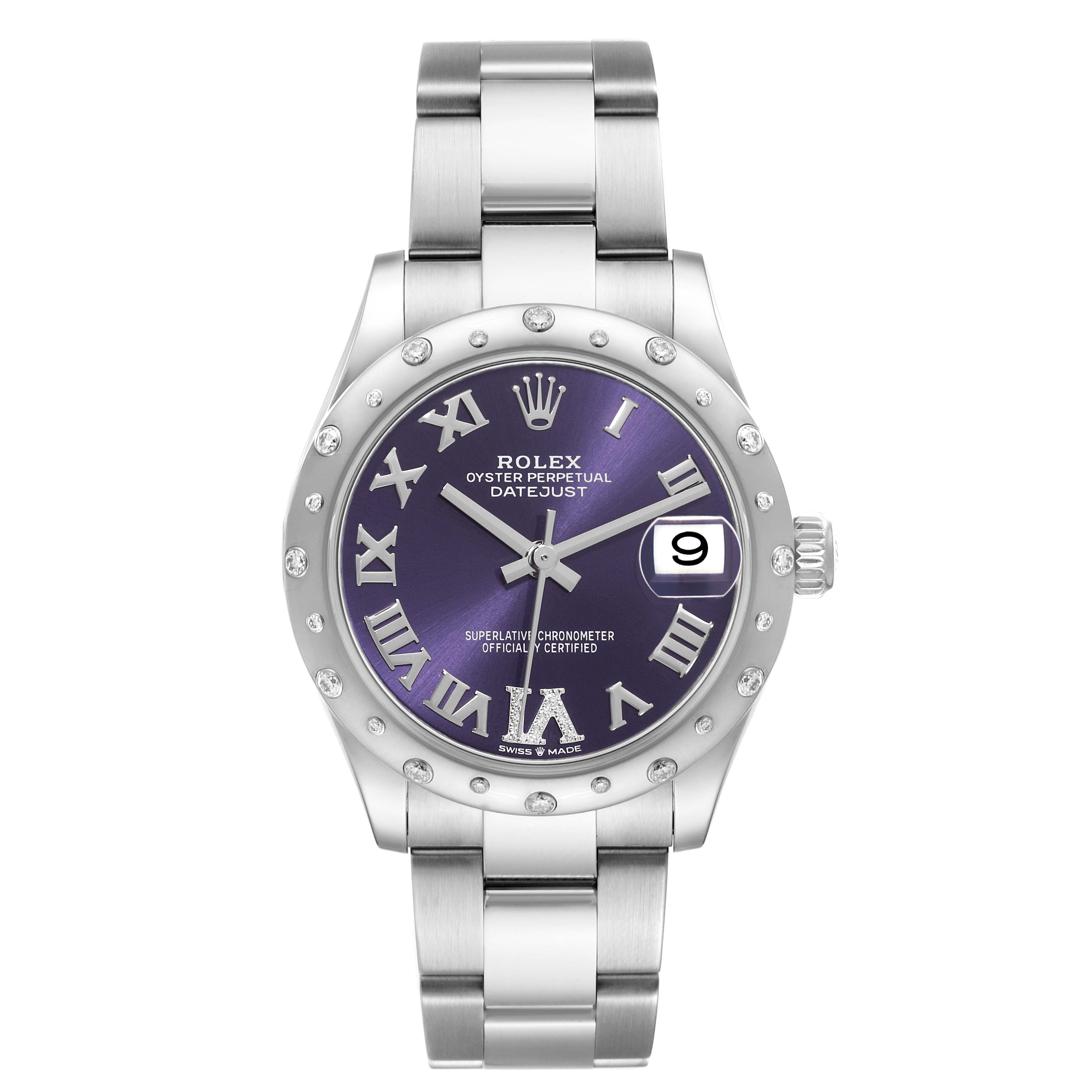 This image shows a front view of a mid-size Rolex Oyster Perpetual Datejust watch with a purple dial and a stainless steel bracelet.