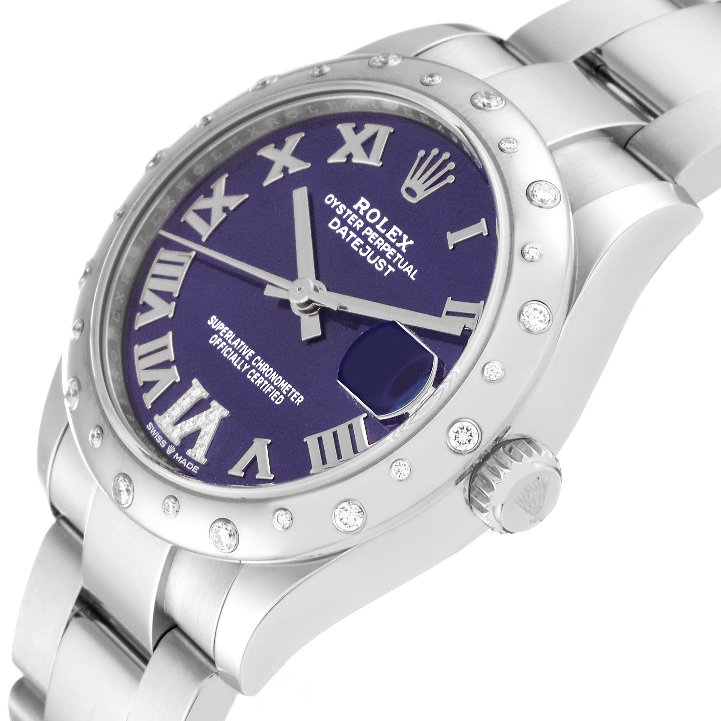 The image shows a close-up, angled view of a Mid-Size Rolex Oyster Perpetual Datejust watch, highlighting its bezel, dial, and bracelet.