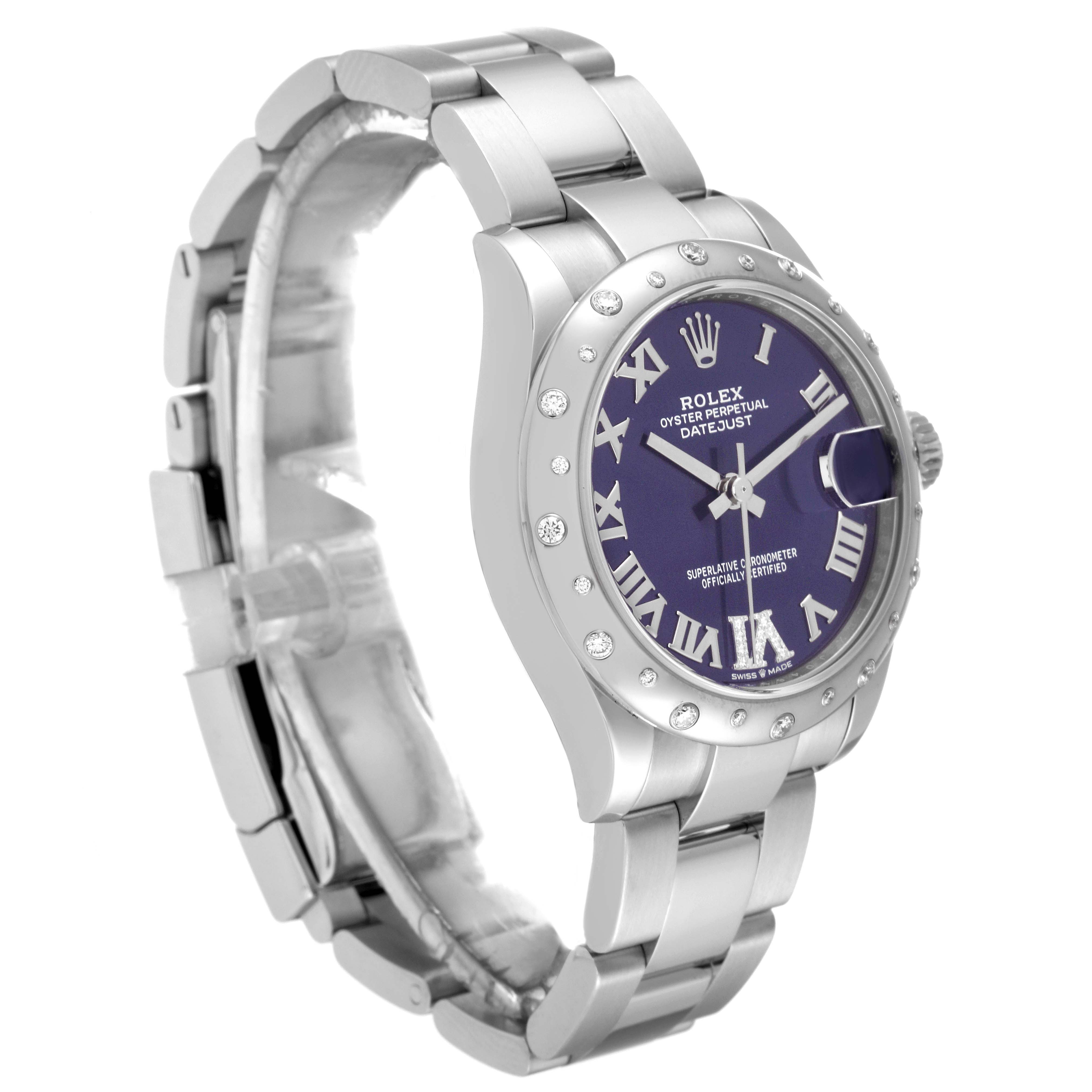 This is a side-angle view of a Rolex Mid-Size 278344 Women's Stainless Steel Purple Dial 278344 Women's Stainless Steel Purple Dial Datejust watch, showcasing its bracelet, case, dial, and bezel.