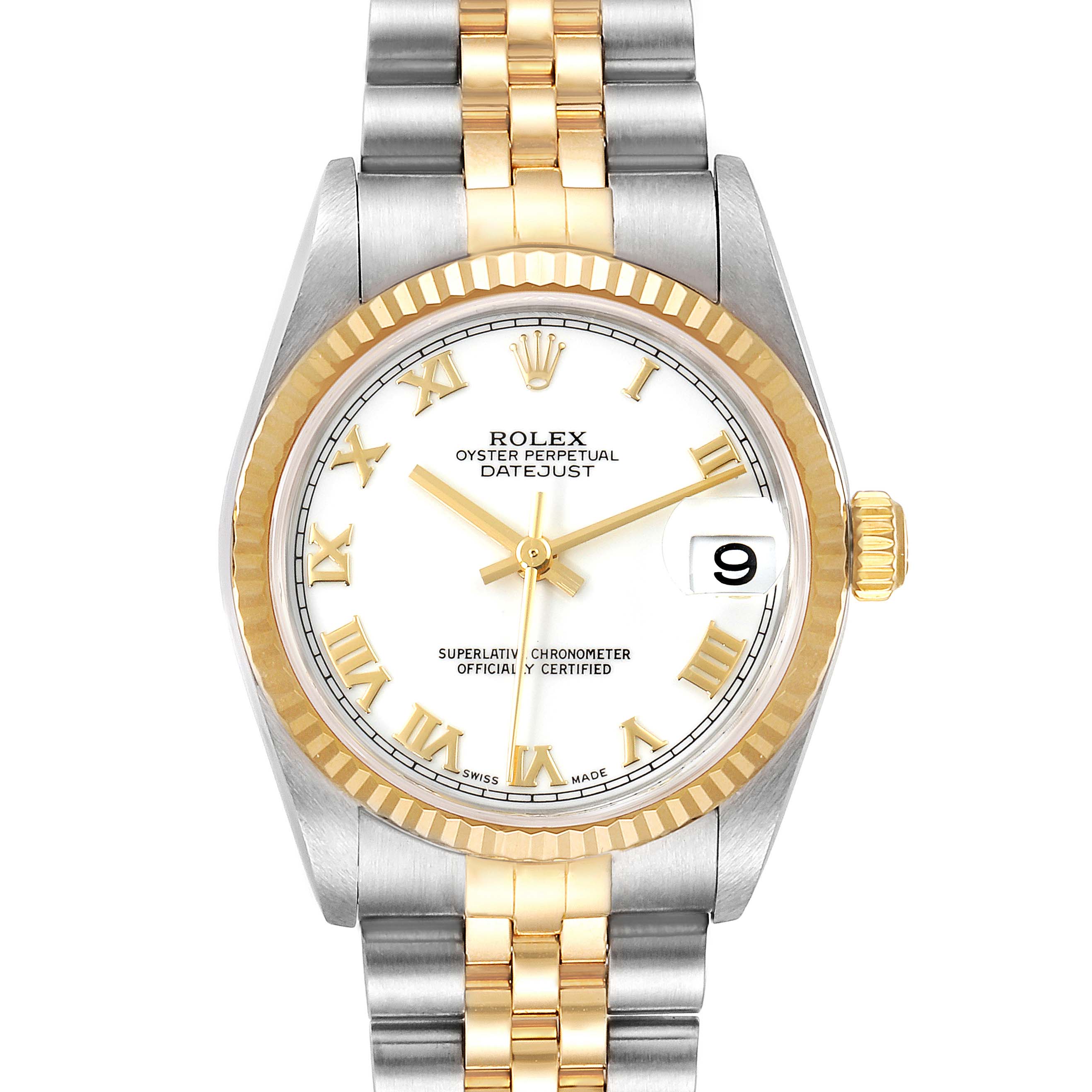 The image shows a front view of a Rolex Mid-Size 78273 Women
s Steel and Gold (two tone) White Dial 78273 Women
s Steel and Gold (two tone) White Dial Oyster Perpetual Datejust, featuring a two-tone bracelet and a white dial with Roman numerals.