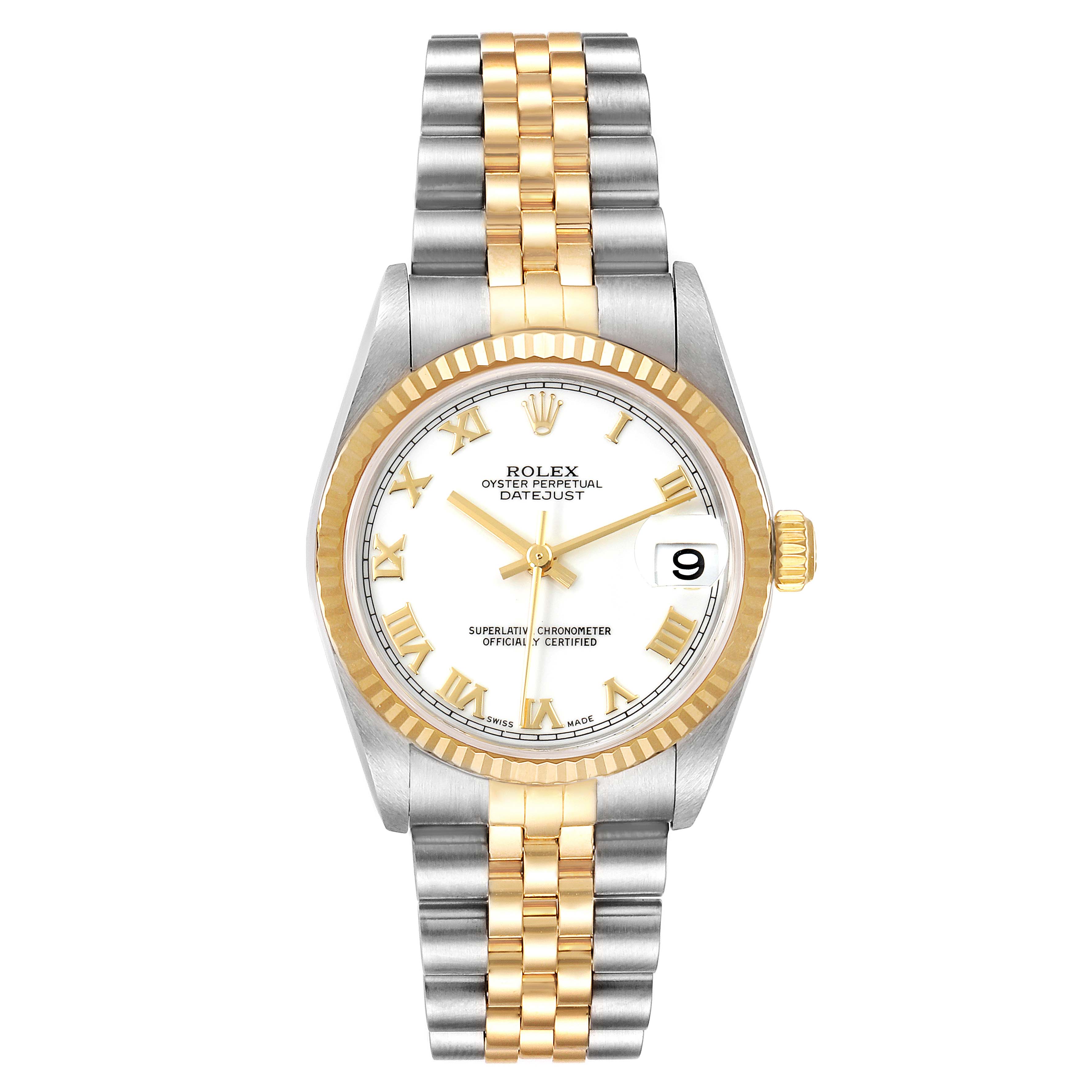 The Rolex Mid-Size 78273 Women
s Steel and Gold (two tone) White Dial 78273 Women
s Steel and Gold (two tone) White Dial Datejust watch is shown from the front, highlighting its gold bezel, two-tone bracelet, and white dial with date window.