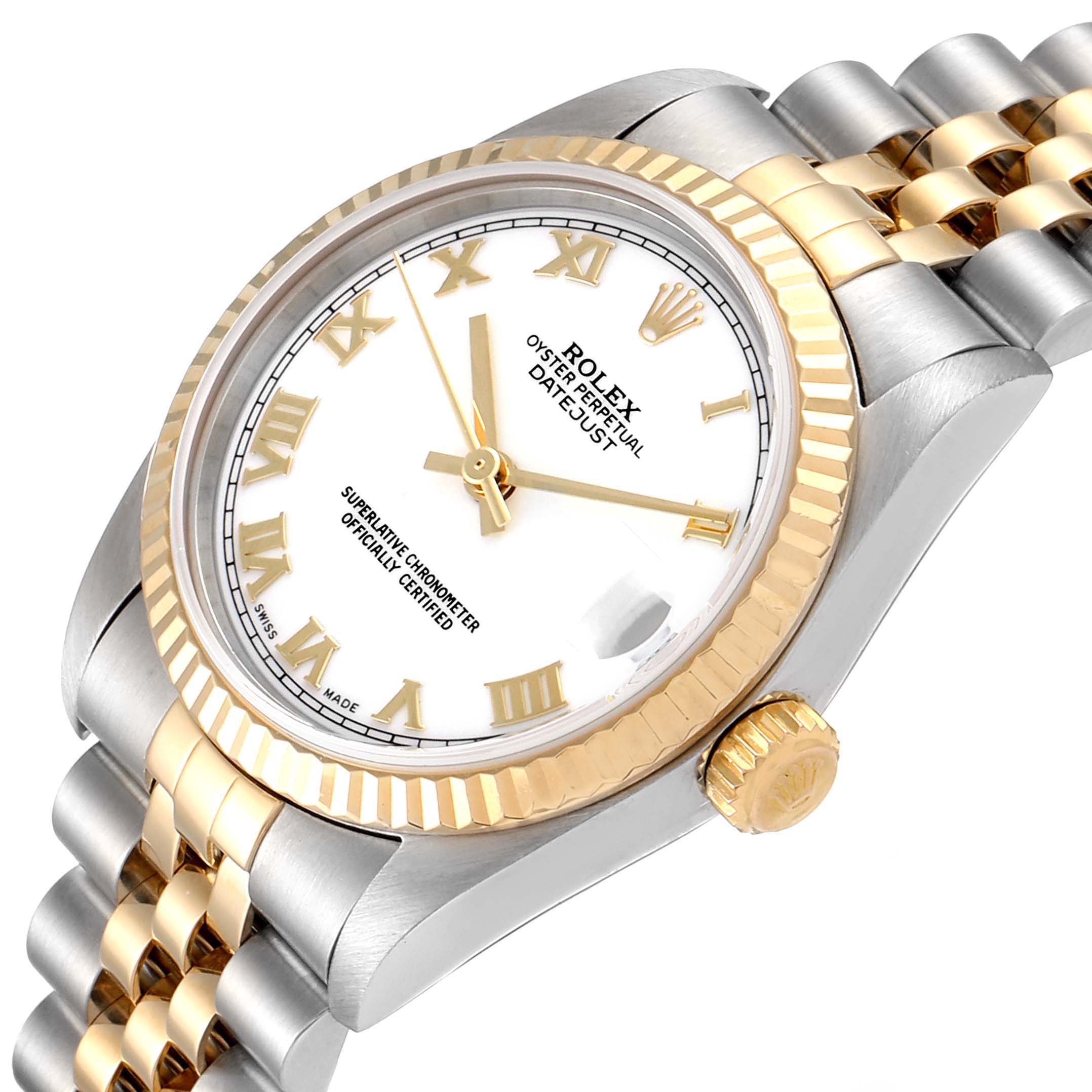 The photo shows a Rolex Datejust Mid-Size watch angled from the top, highlighting the dial, bezel, crown, and a portion of the bracelet.