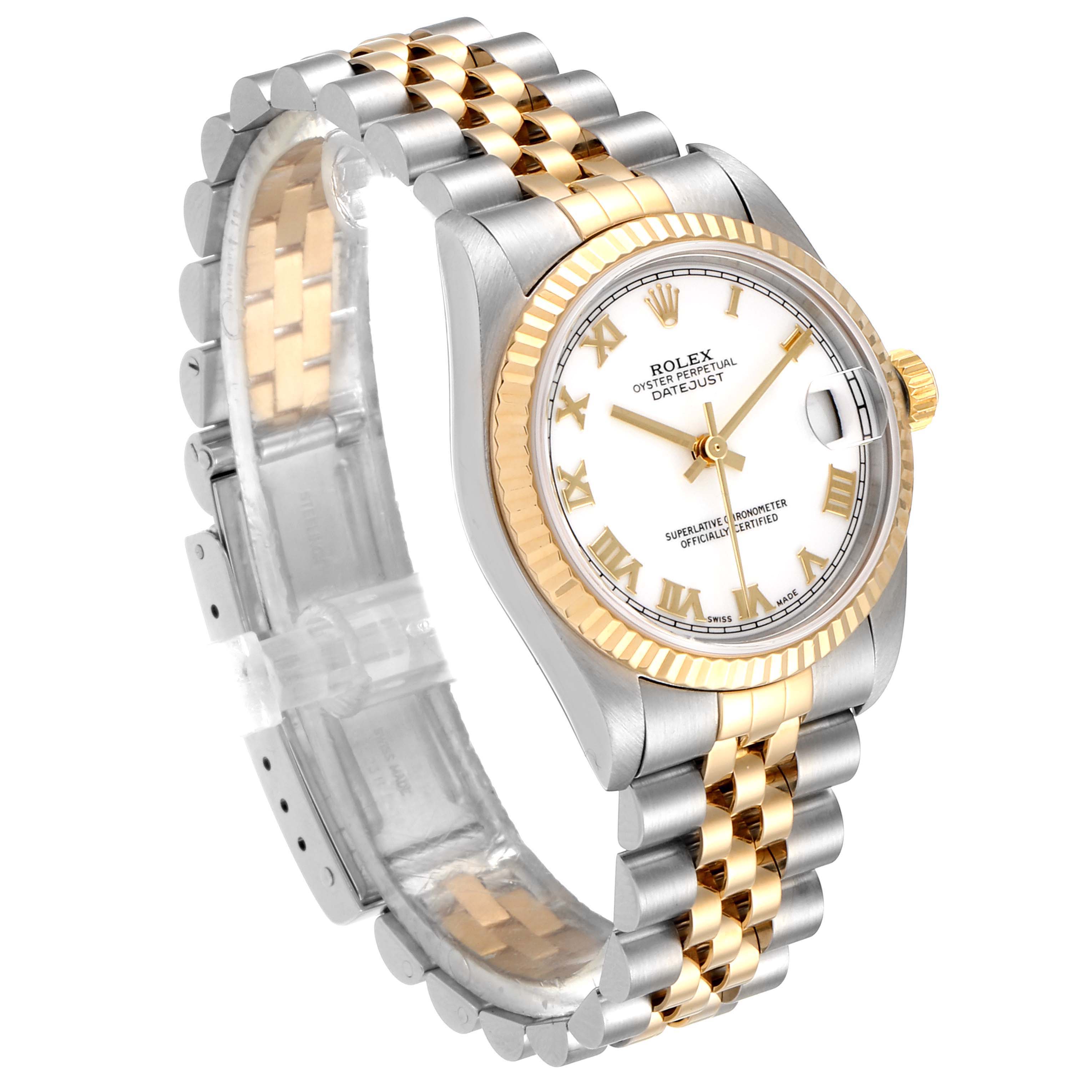 The image shows a Rolex Mid-Size 78273 Women
s Steel and Gold (two tone) White Dial 78273 Women
s Steel and Gold (two tone) White Dial Datejust watch at a three-quarter angle, featuring a two-tone bracelet and fluted bezel.