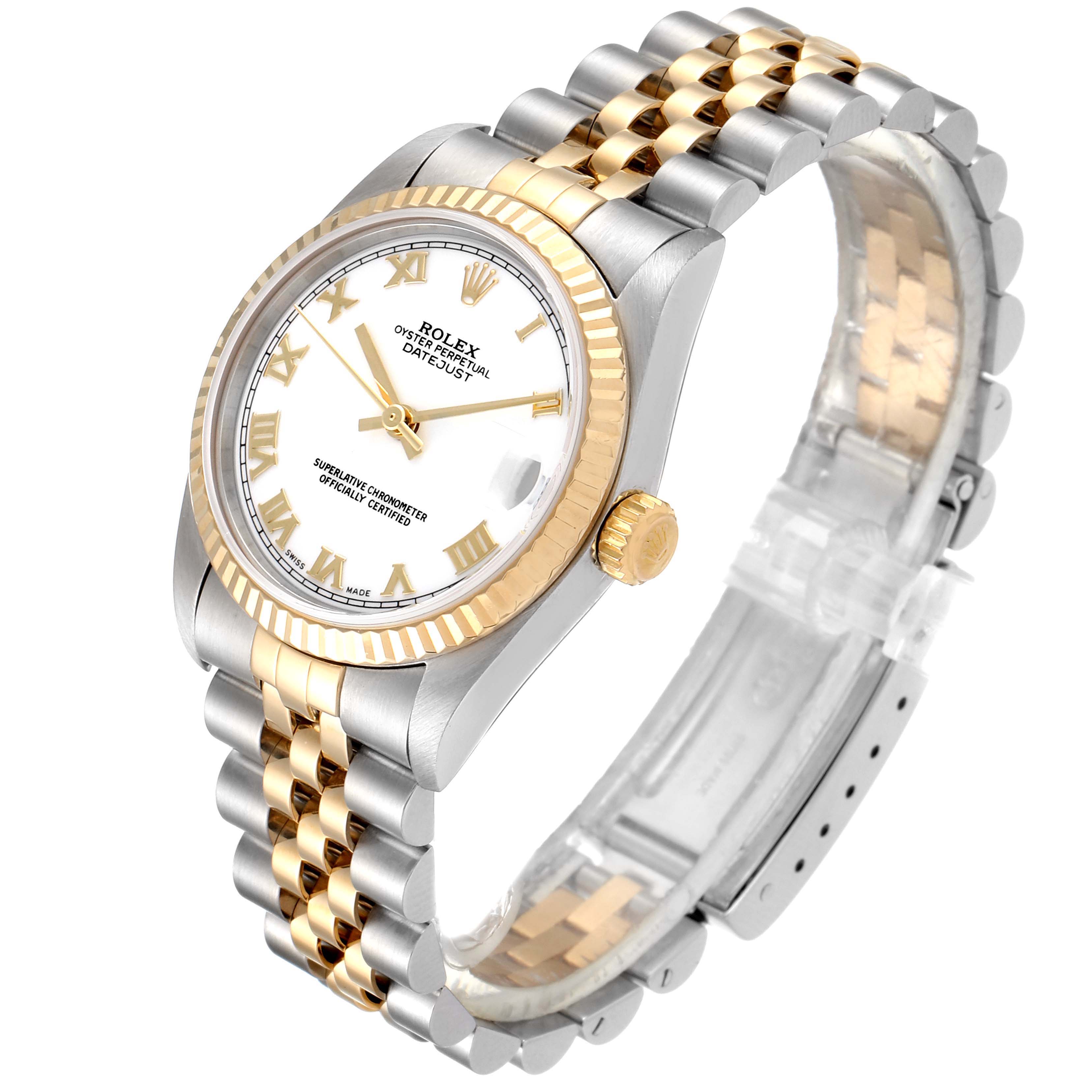 The image shows a three-quarter view of a Rolex Mid-Size 78273 Women
s Steel and Gold (two tone) White Dial 78273 Women
s Steel and Gold (two tone) White Dial Datejust watch, highlighting its dial, bezel, crown, and bracelet.