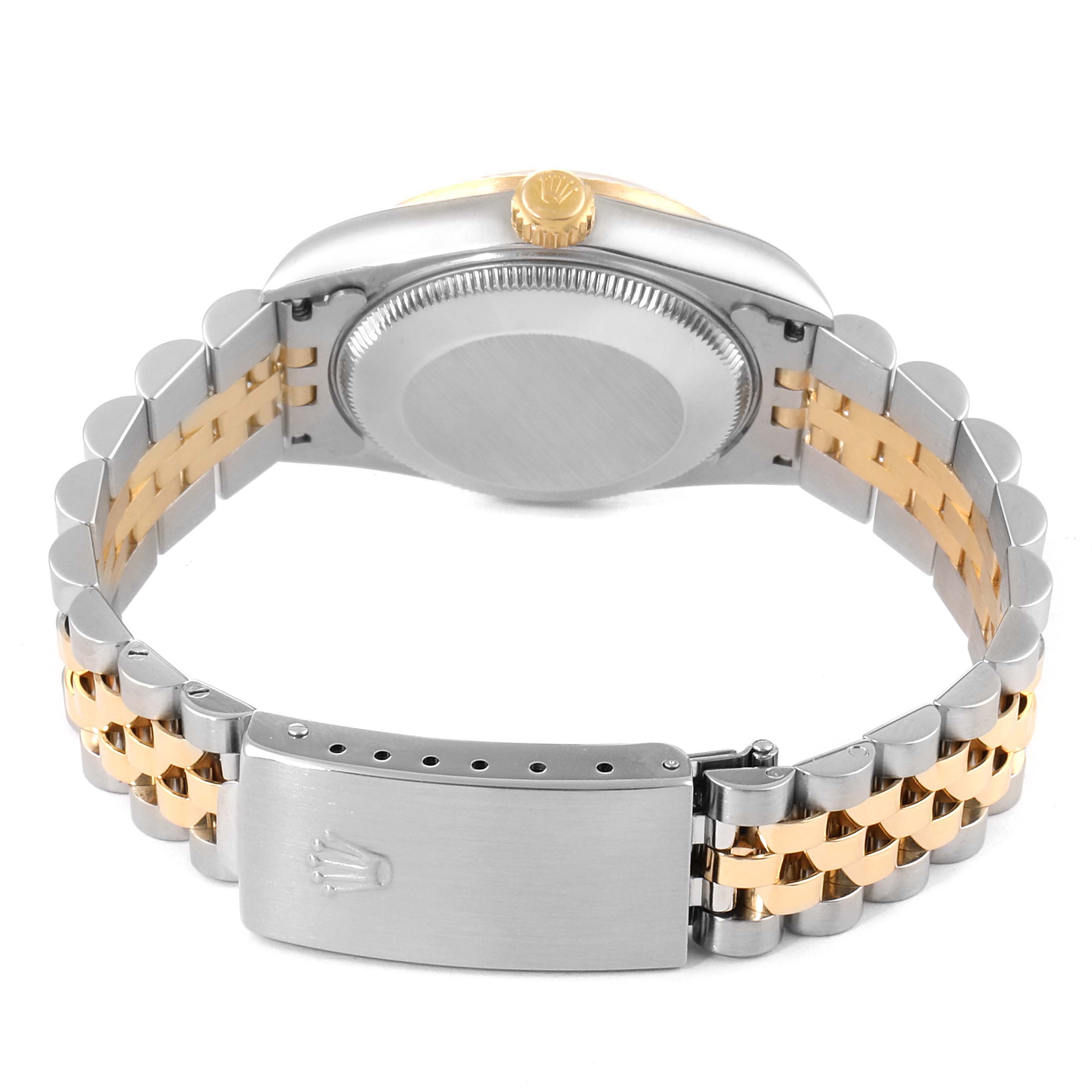 The image shows the back view of a Mid-Size Rolex watch, featuring its bracelet, clasp, and case back.