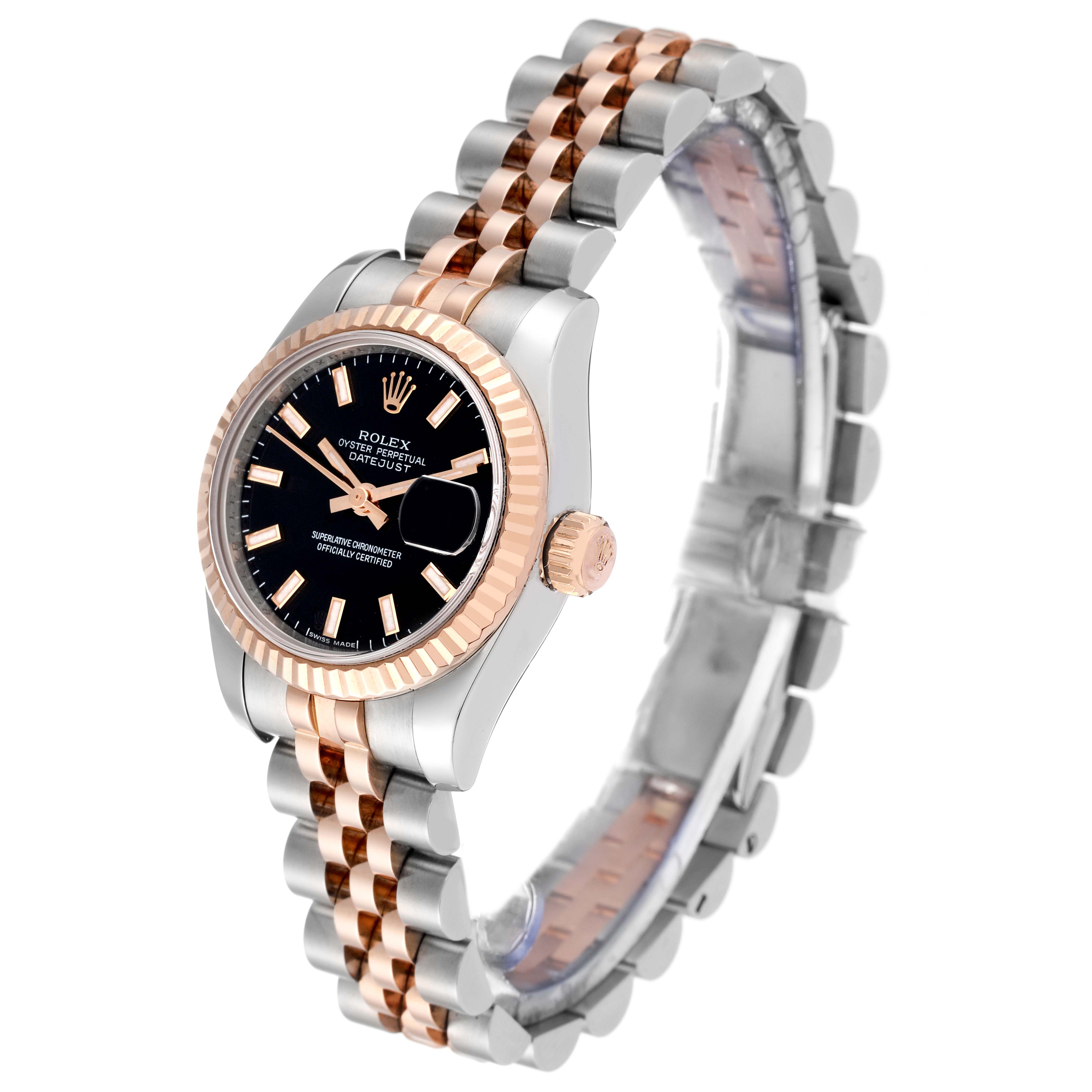 The Rolex Datejust 179171 Women's Steel and Gold (two tone) Black Dial 179171 Women's Steel and Gold (two tone) Black Dial watch is shown from an angled perspective, highlighting the face, bezel, crown, and bracelet.