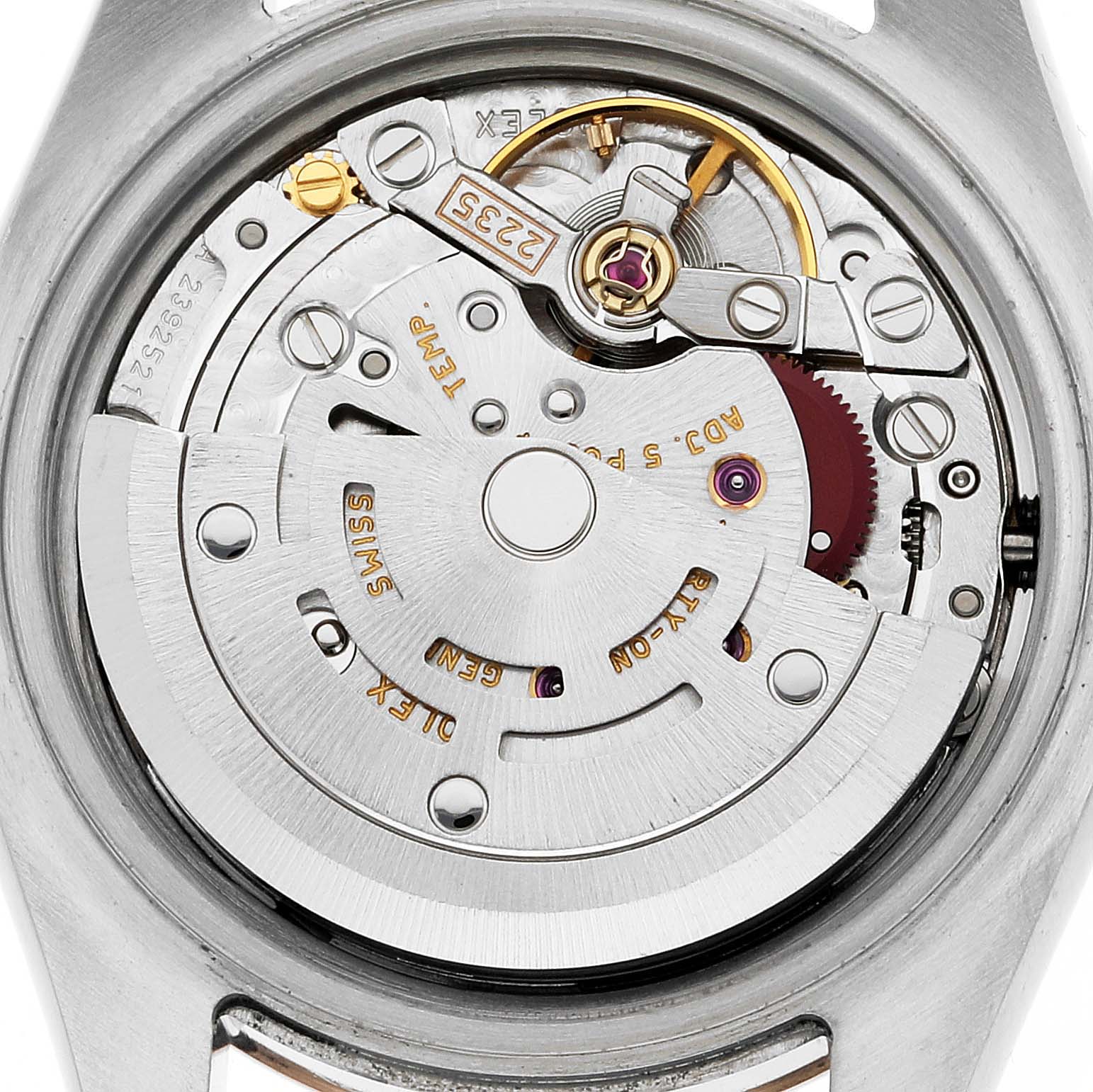 This image shows the internal automatic movement mechanism of a Rolex Datejust 179171 Women's Steel and Gold (two tone) Black Dial 179171 Women's Steel and Gold (two tone) Black Dial watch from a rear angle.