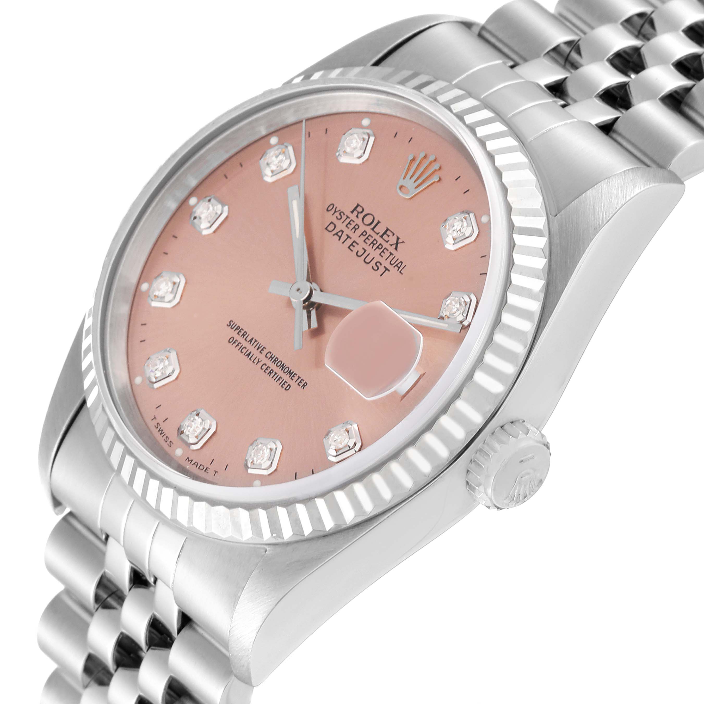 This image shows a Rolex Datejust 16234 Men's Stainless Steel Pink Dial 16234 Men's Stainless Steel Pink Dial watch from a slight side angle highlighting the face, crown, and part of the bracelet.