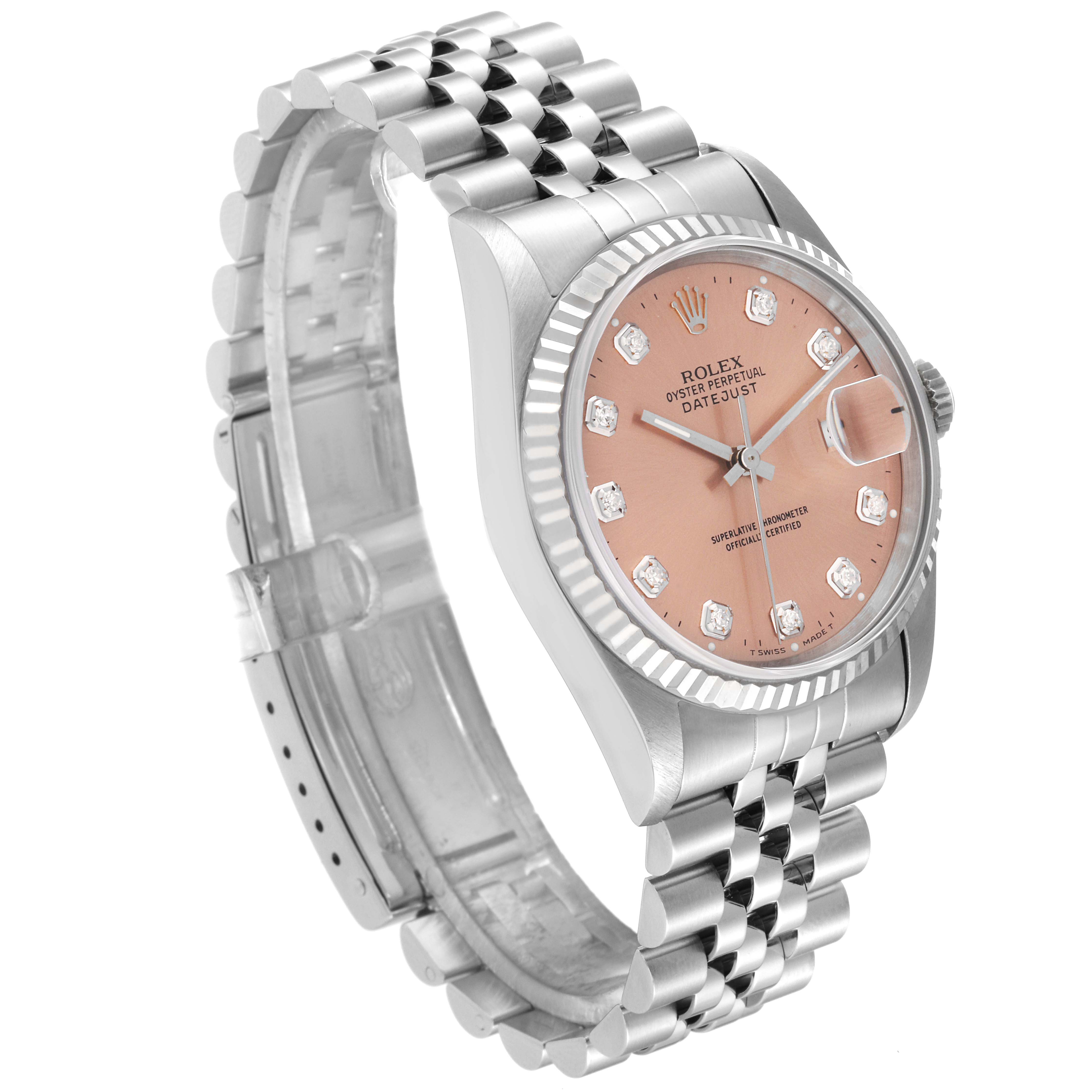 This Rolex Datejust 16234 Men's Stainless Steel Pink Dial 16234 Men's Stainless Steel Pink Dial watch is shown at a three-quarter angle, displaying its fluted bezel, pink diamond dial, crown, and Jubilee bracelet.