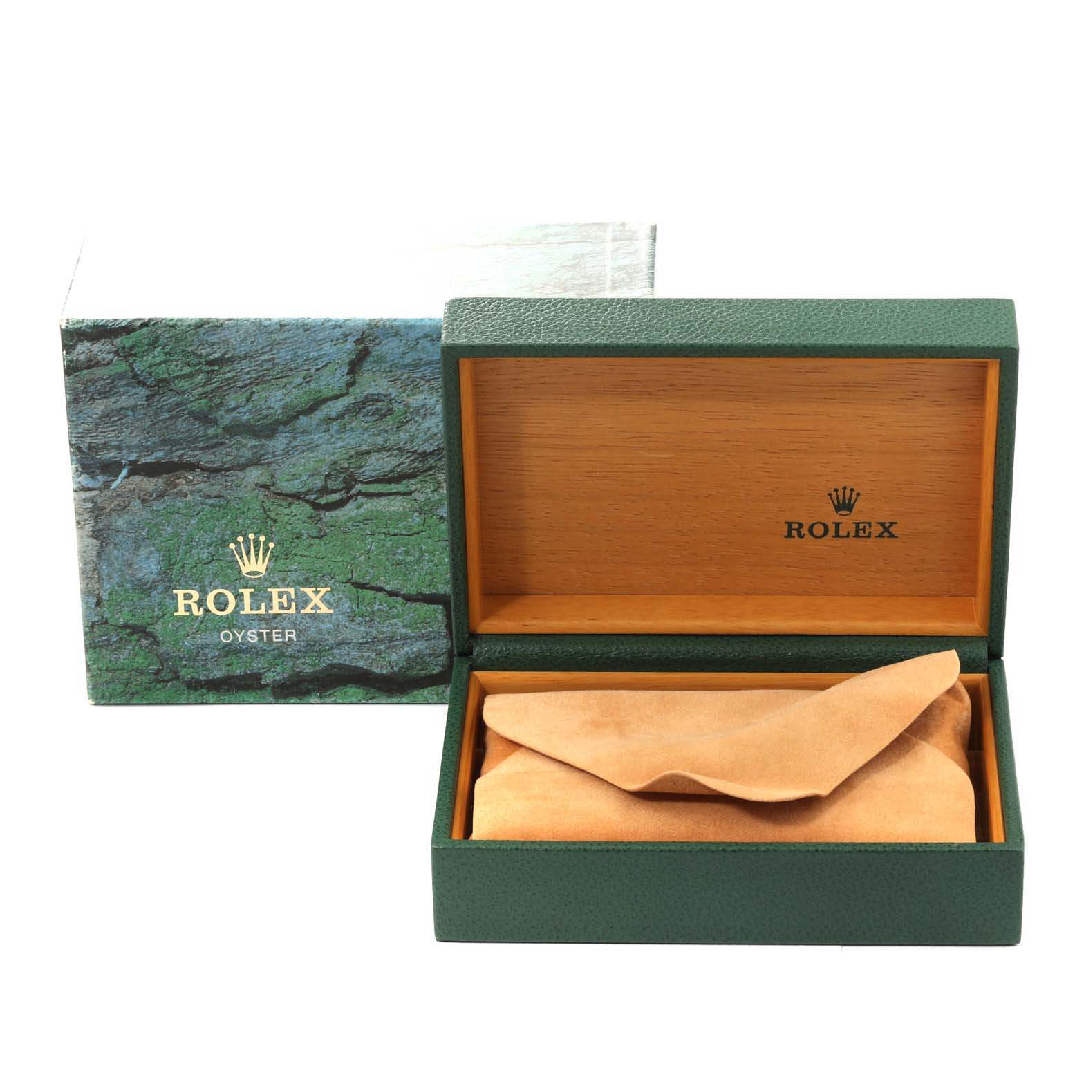 This image shows the official green and wooden box for a Rolex Datejust 16234 Men's Stainless Steel Pink Dial 16234 Men's Stainless Steel Pink Dial watch, open with a cushion and cloth inside.