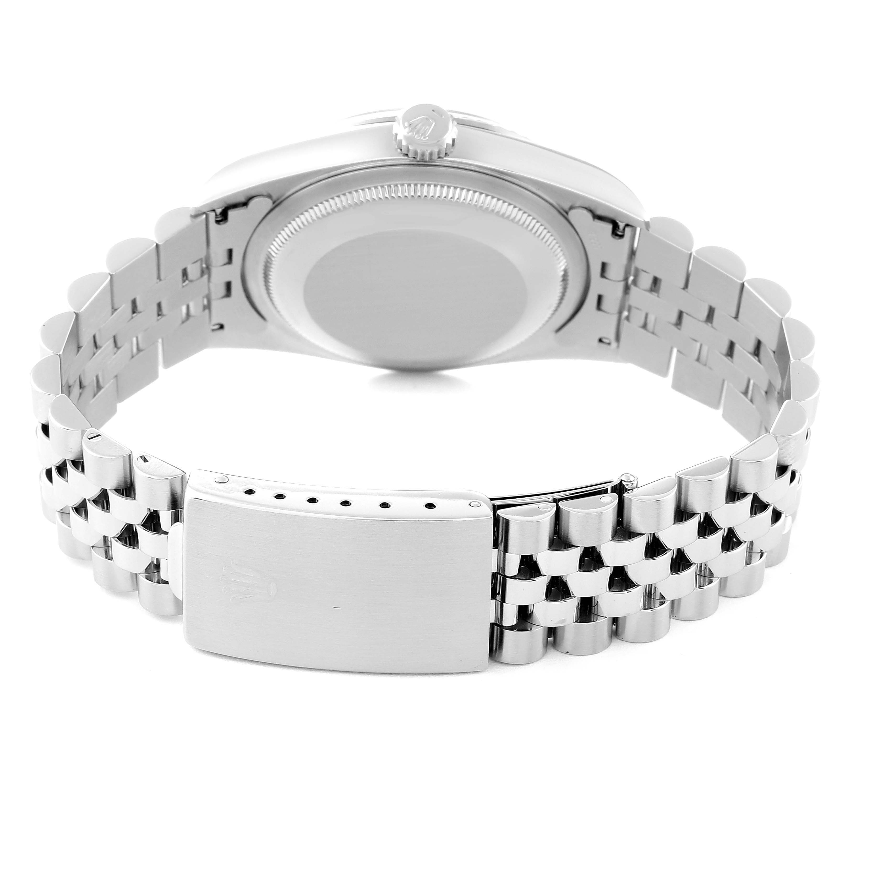 The image shows the case back, crown, and bracelet of a Rolex Datejust 16234 Men's Stainless Steel Pink Dial 16234 Men's Stainless Steel Pink Dial watch from a rear angle.