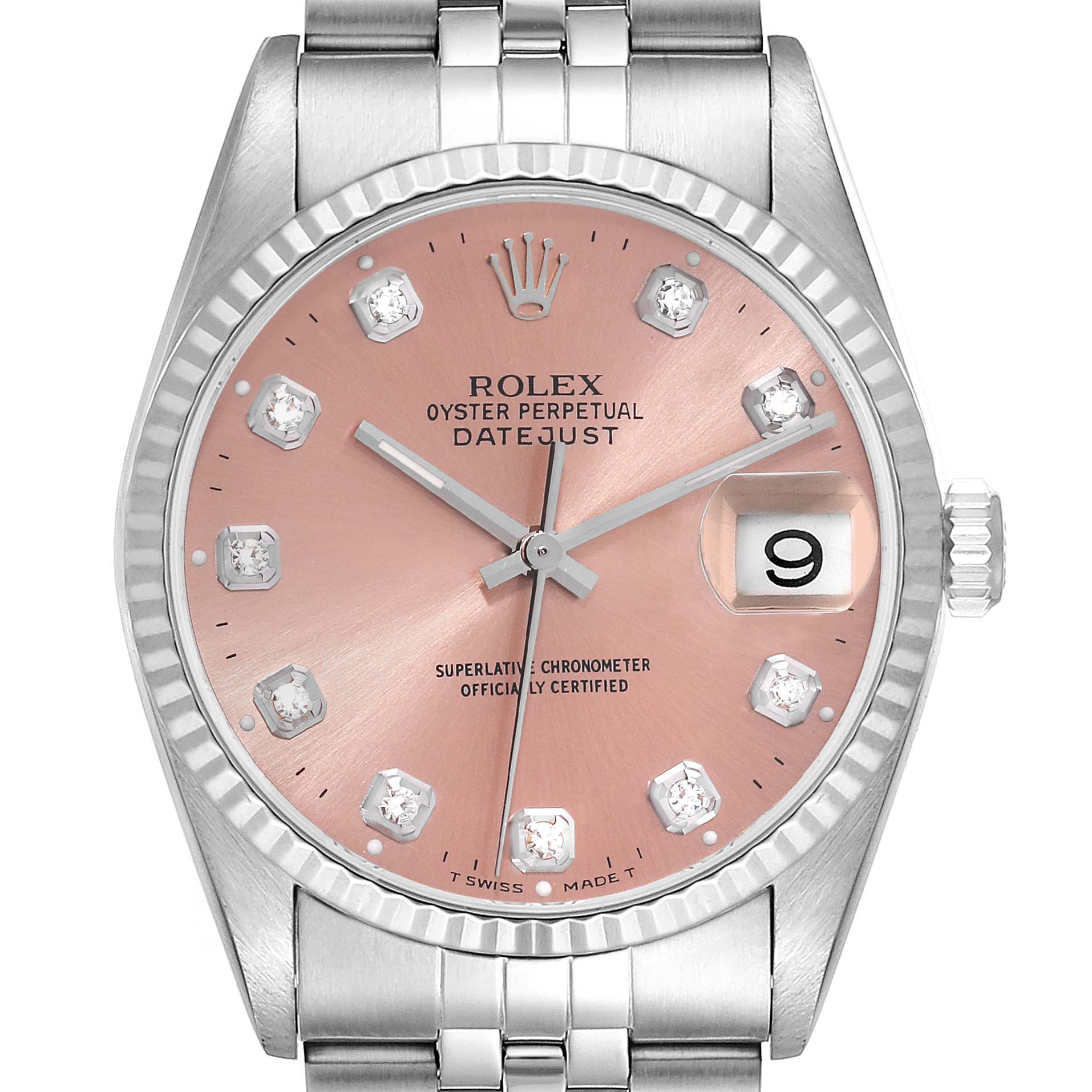 The Rolex Datejust 16234 Men's Stainless Steel Pink Dial 16234 Men's Stainless Steel Pink Dial watch is shown from a front angle, displaying its pink dial, fluted bezel, and stainless steel bracelet.