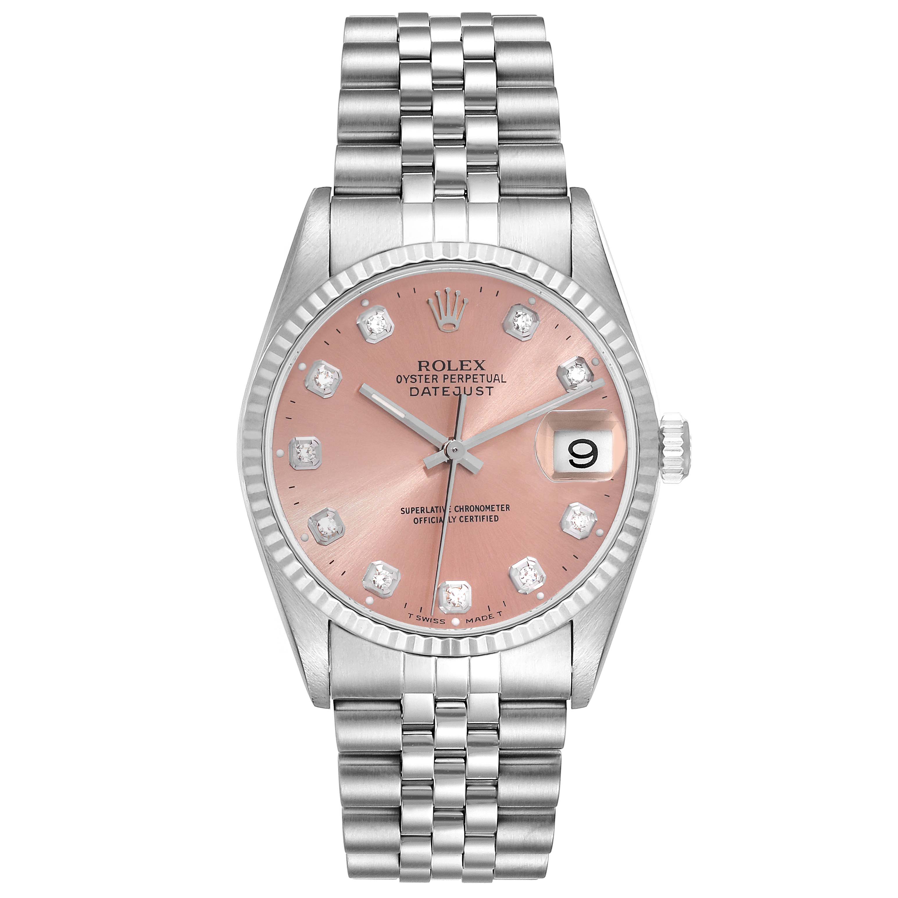 The image displays a Rolex Datejust 16234 Men's Stainless Steel Pink Dial 16234 Men's Stainless Steel Pink Dial watch from the front, showing the dial, hands, date window, and bracelet.