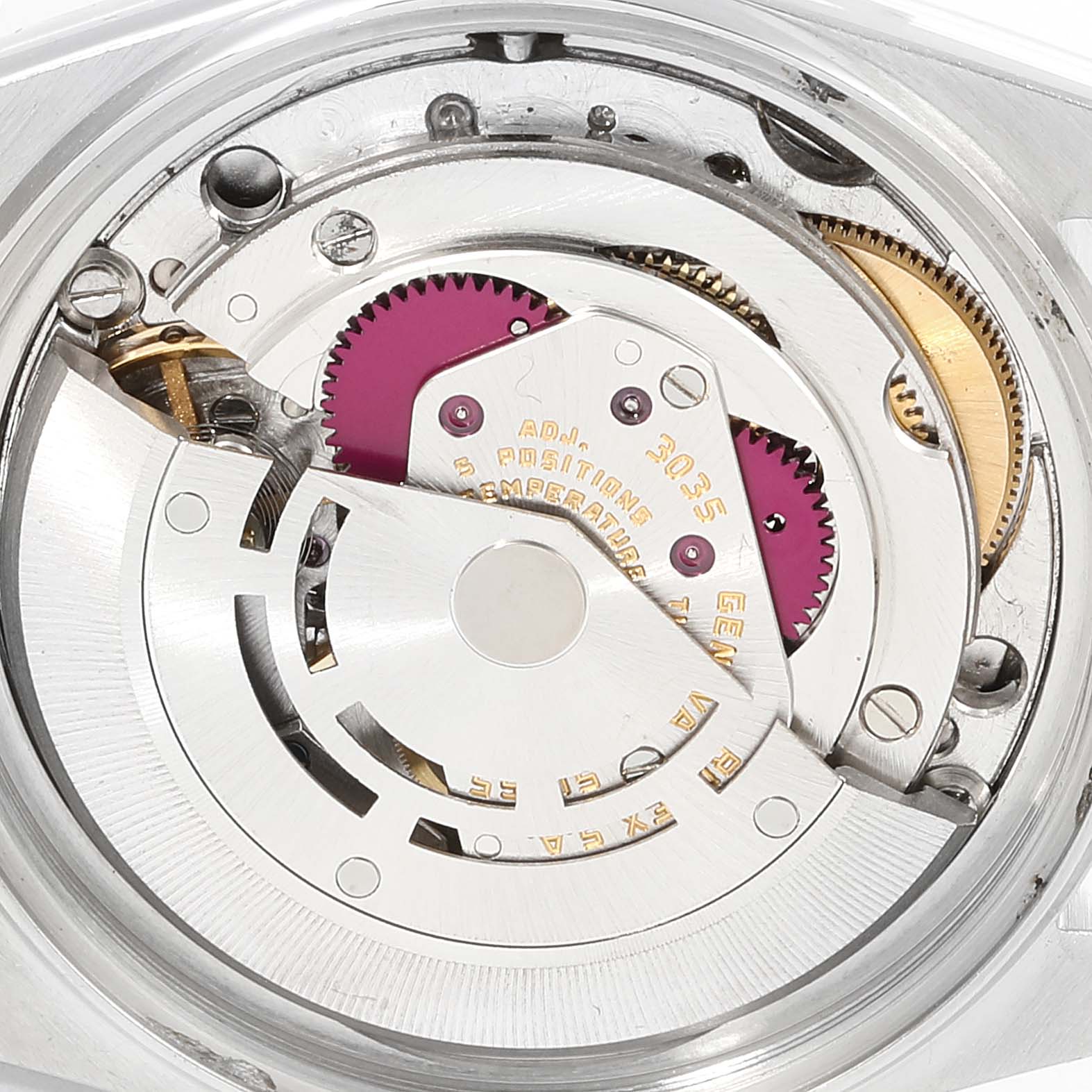 The image shows the intricate inner mechanical components of the Rolex Vintage Collection 16014 Men's Stainless Steel Silver Dial 16014 Men's Stainless Steel Silver Dial model watch from a close-up angle.