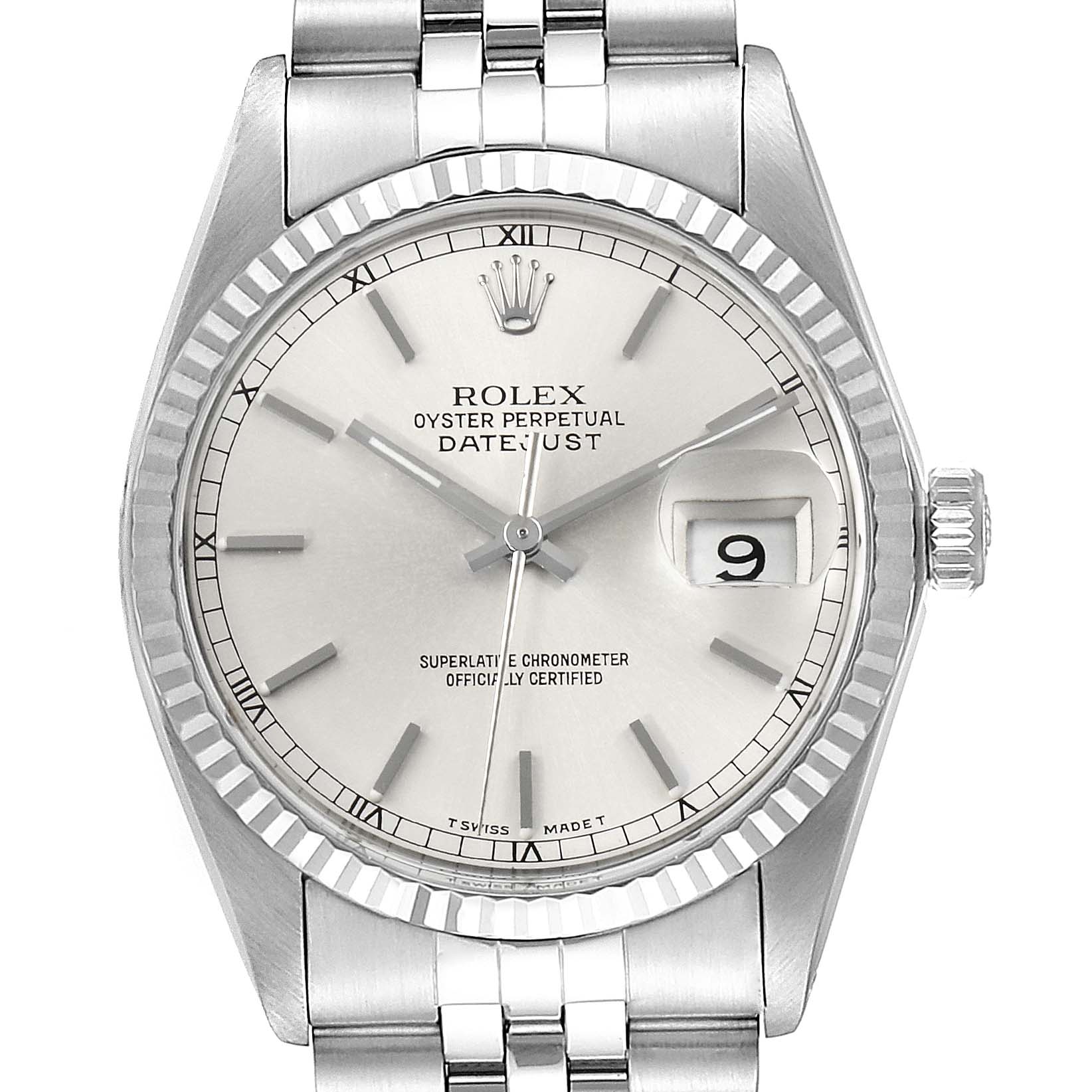 The image shows a front view of the Rolex Vintage Collection 16014 Men's Stainless Steel Silver Dial 16014 Men's Stainless Steel Silver Dial Datejust watch, highlighting its dial, hands, bezel, crown, and part of the bracelet.
