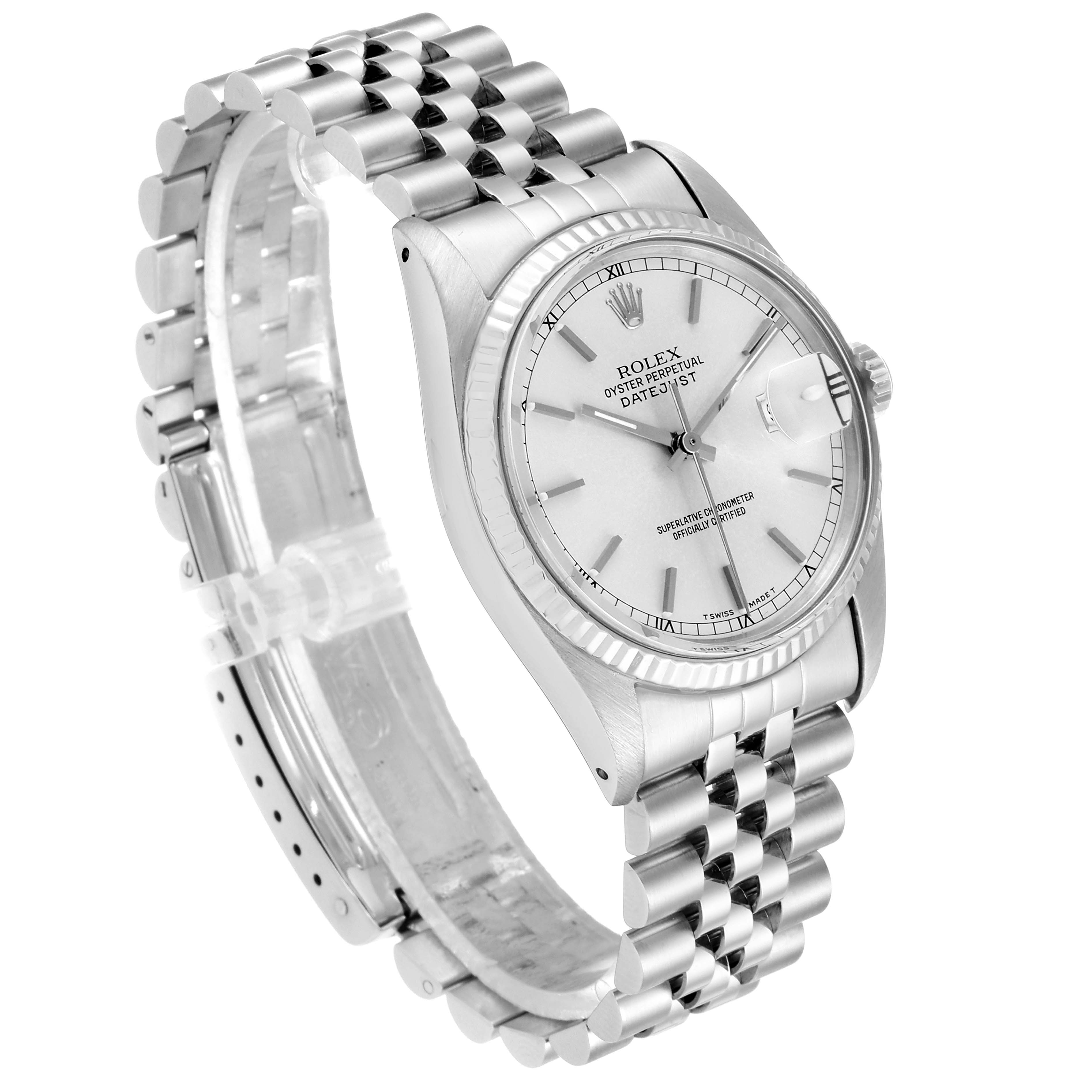 The image shows a three-quarter angle of the Rolex Vintage Collection 16014 Men's Stainless Steel Silver Dial 16014 Men's Stainless Steel Silver Dial watch, highlighting the dial, bezel, and bracelet.