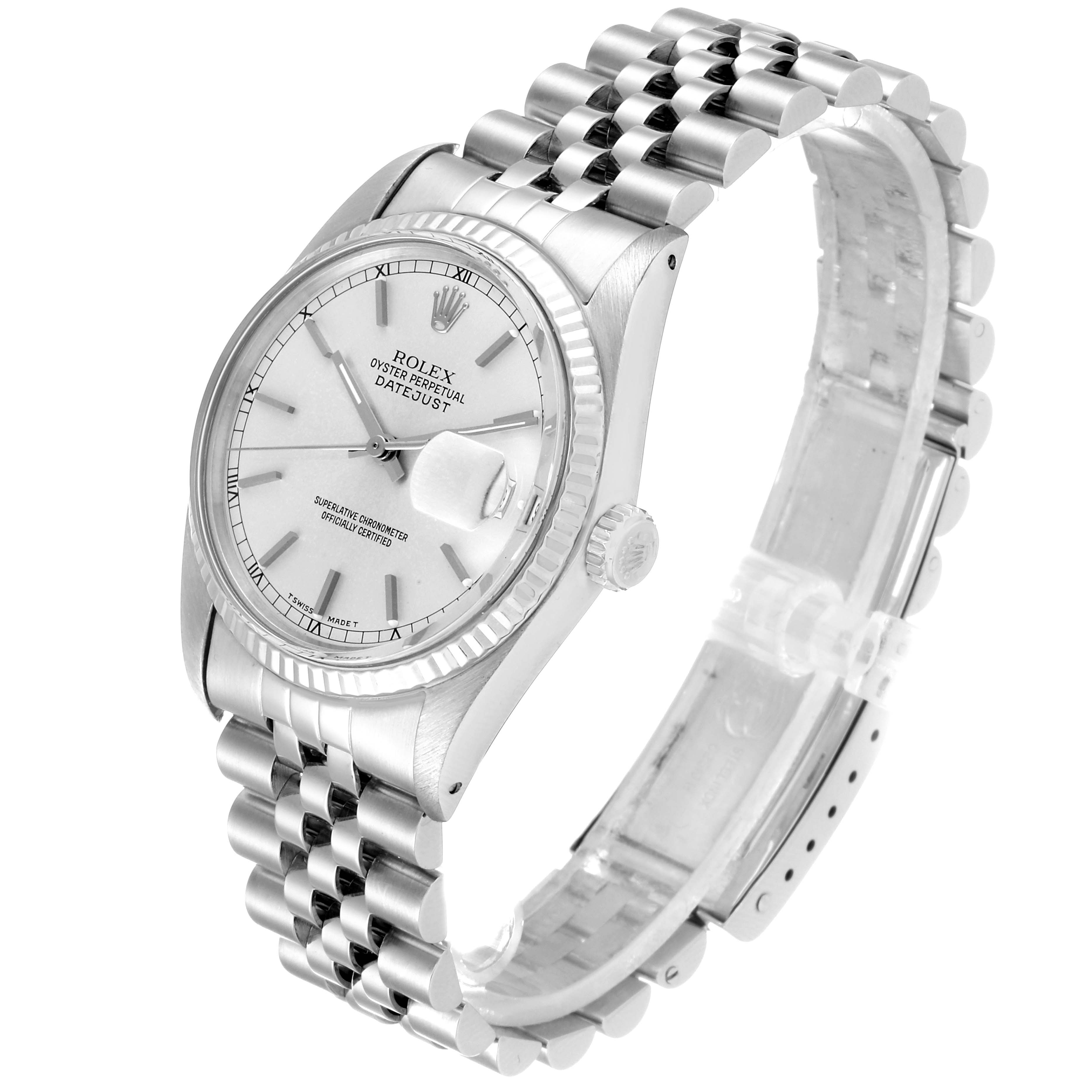 The Rolex Vintage Collection 16014 Men's Stainless Steel Silver Dial 16014 Men's Stainless Steel Silver Dial watch is shown at a tilted angle displaying the face, bezel, and bracelet.