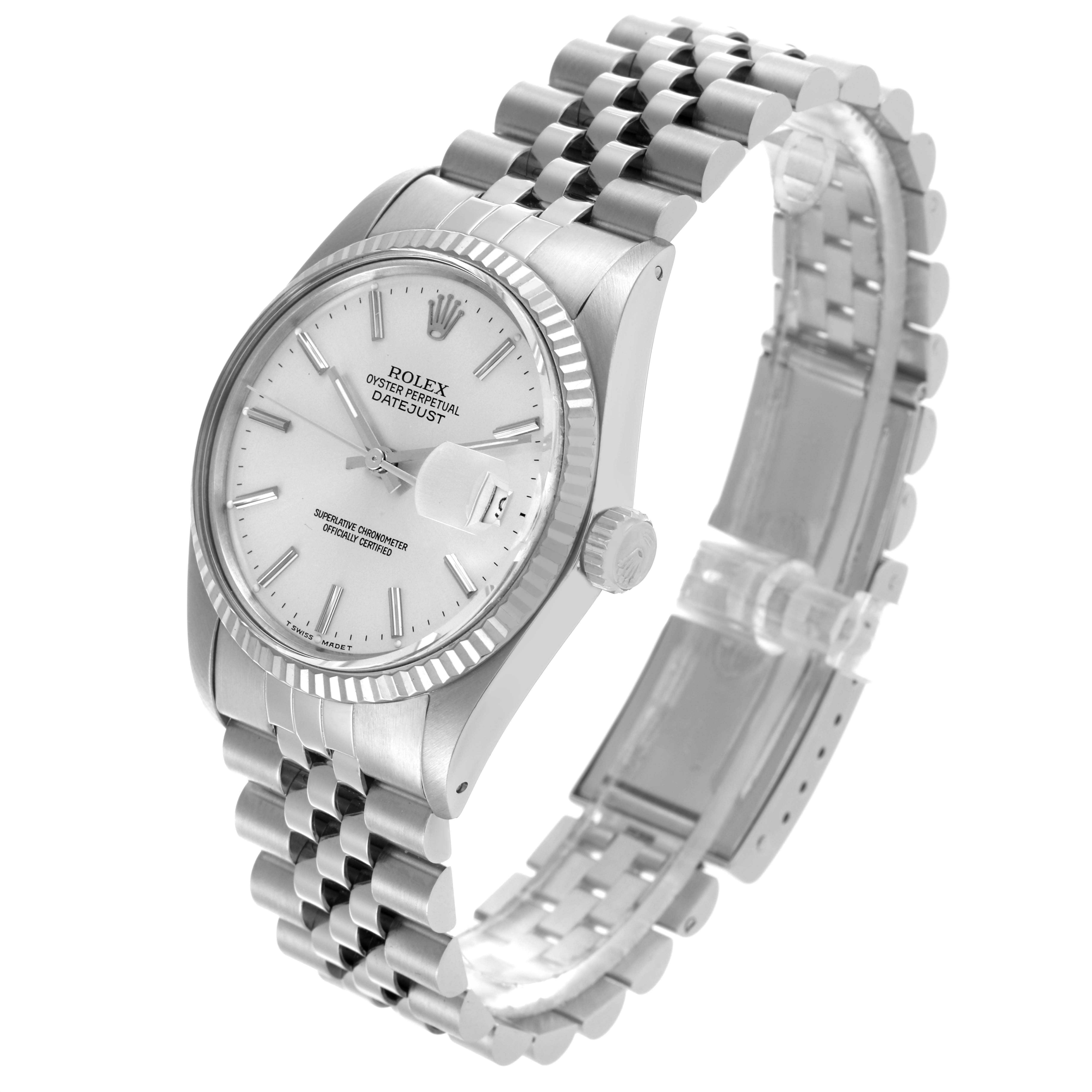 The Rolex Datejust 16014 Men's Stainless Steel Silver Dial 16014 Men's Stainless Steel Silver Dial watch is shown at an angled side view, displaying the watch face, bracelet, and crown.