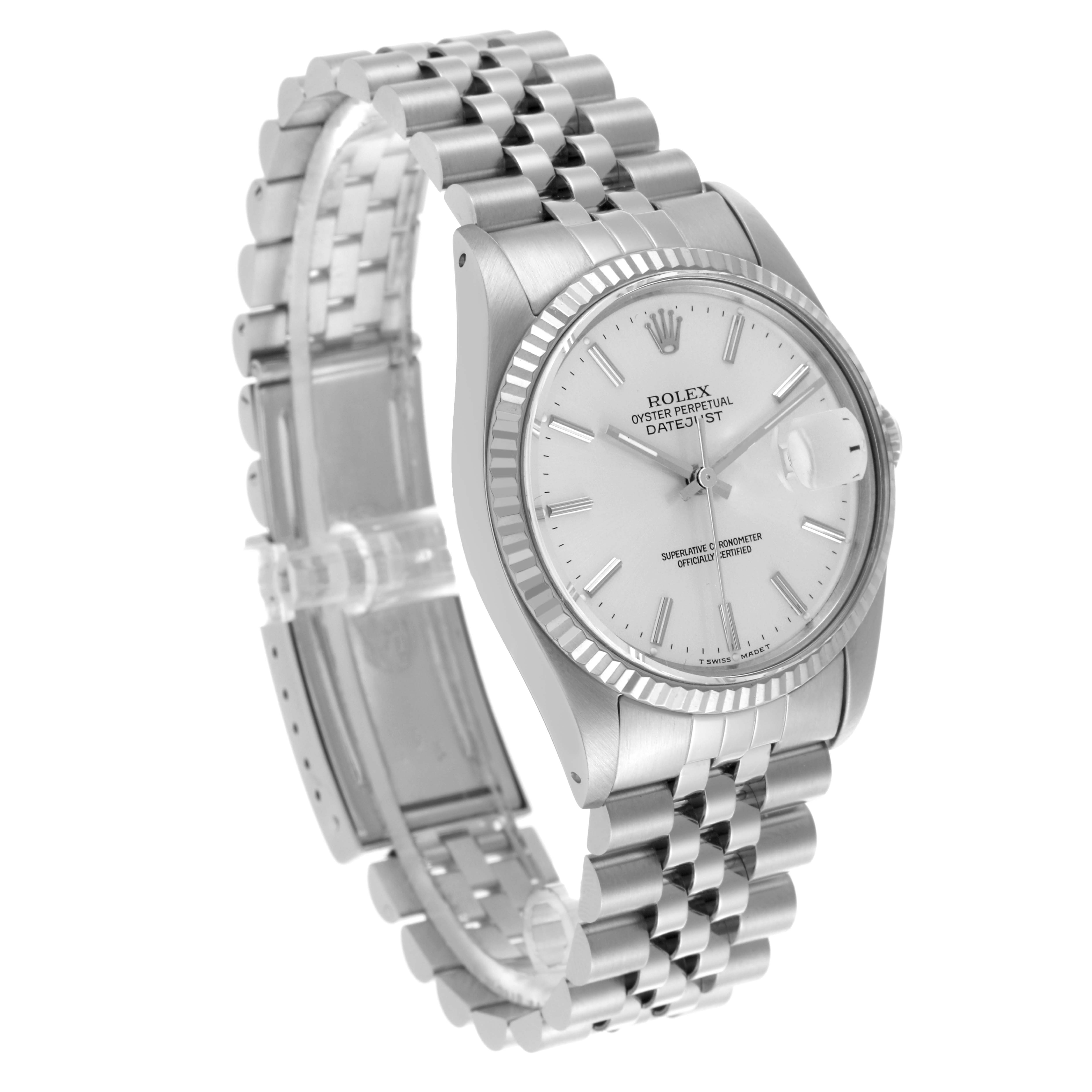 The Rolex Datejust 16014 Men's Stainless Steel Silver Dial 16014 Men's Stainless Steel Silver Dial watch is shown from a front-side angle, displaying its face, bezel, markers, and bracelet.